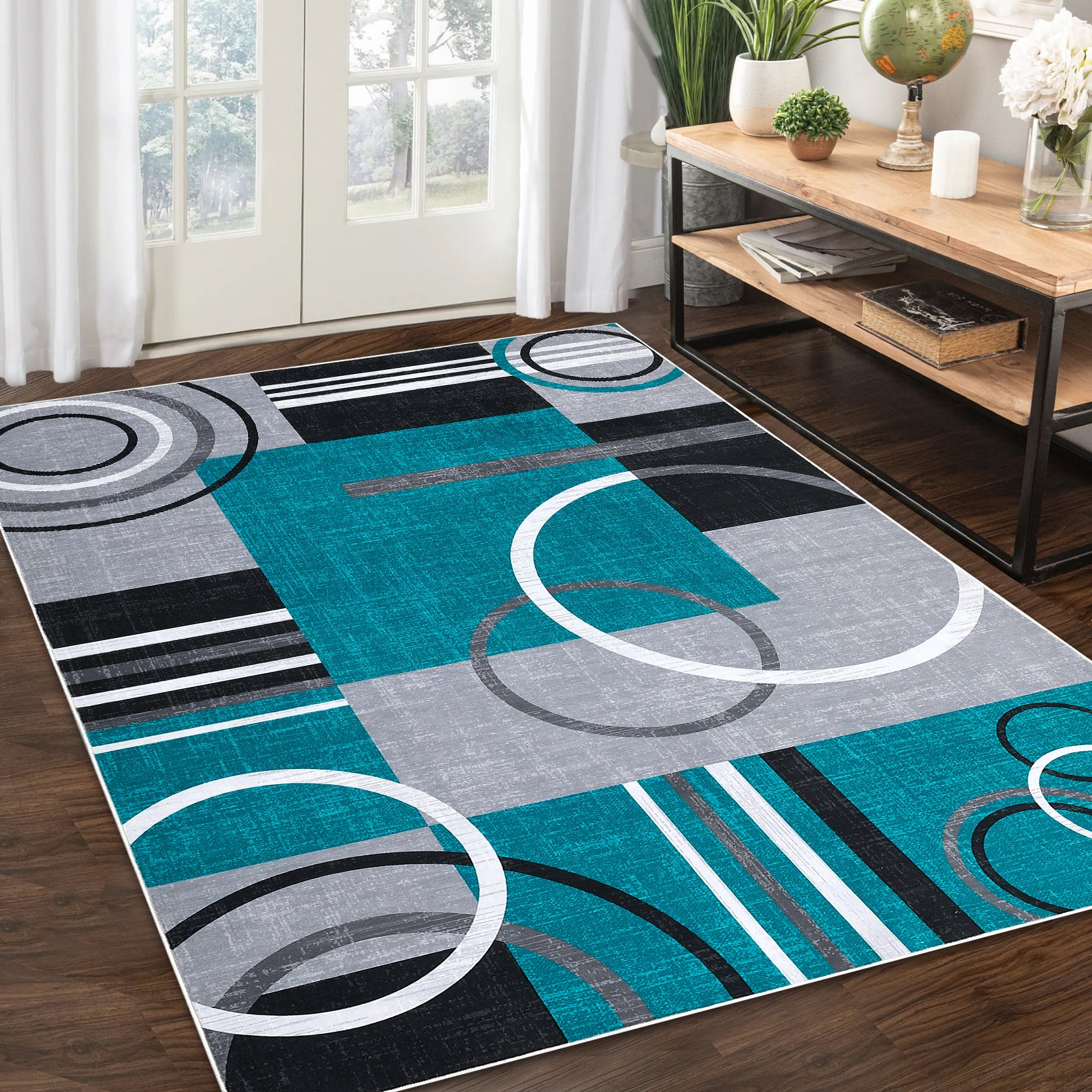 Garvee Modern Turquoise 8x10 Geometric Washable Rug, Non Slip Low Pile Stain Resistant Carpet for Living Room