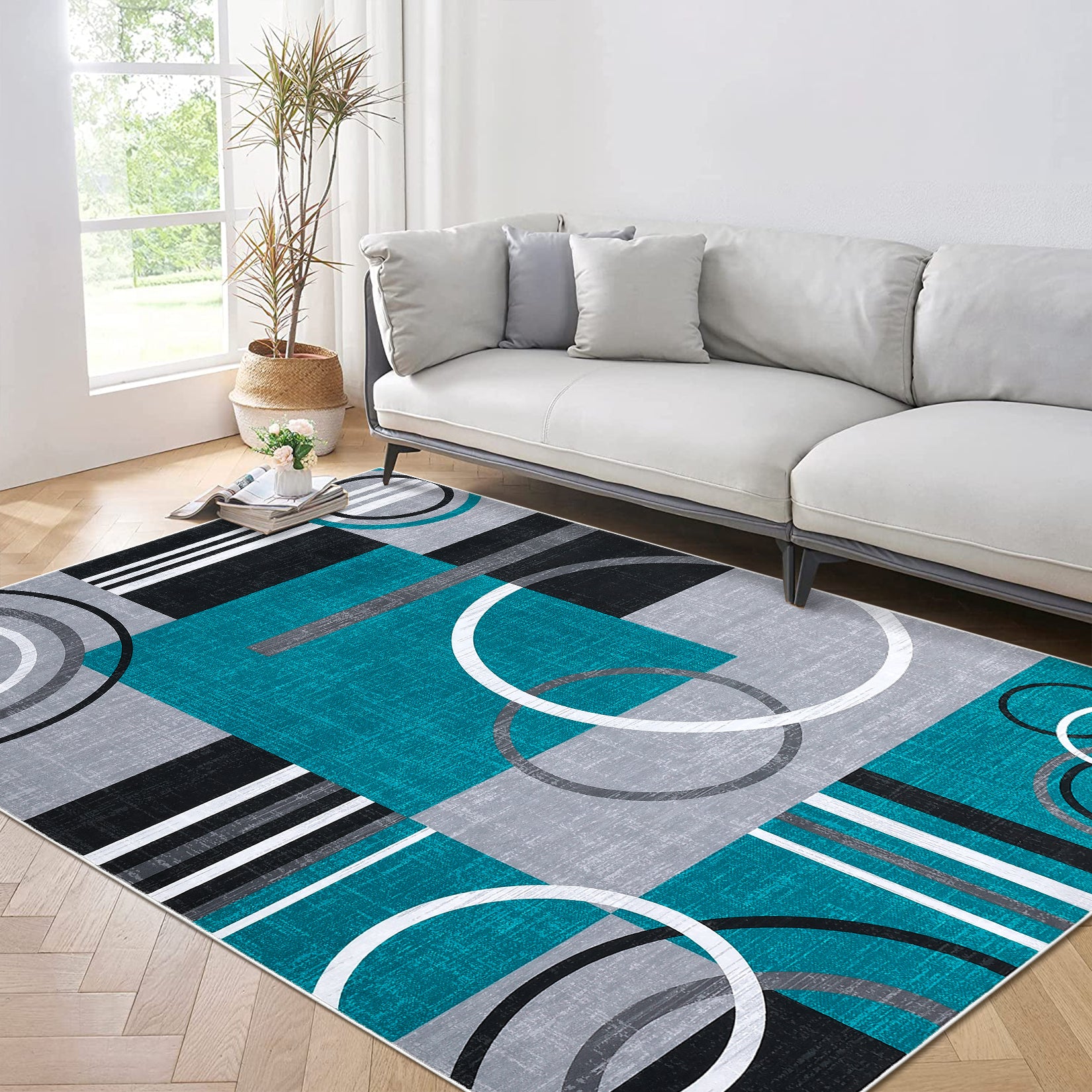 Garvee Modern Turquoise 8x10 Geometric Washable Rug, Non Slip Low Pile Stain Resistant Carpet for Living Room