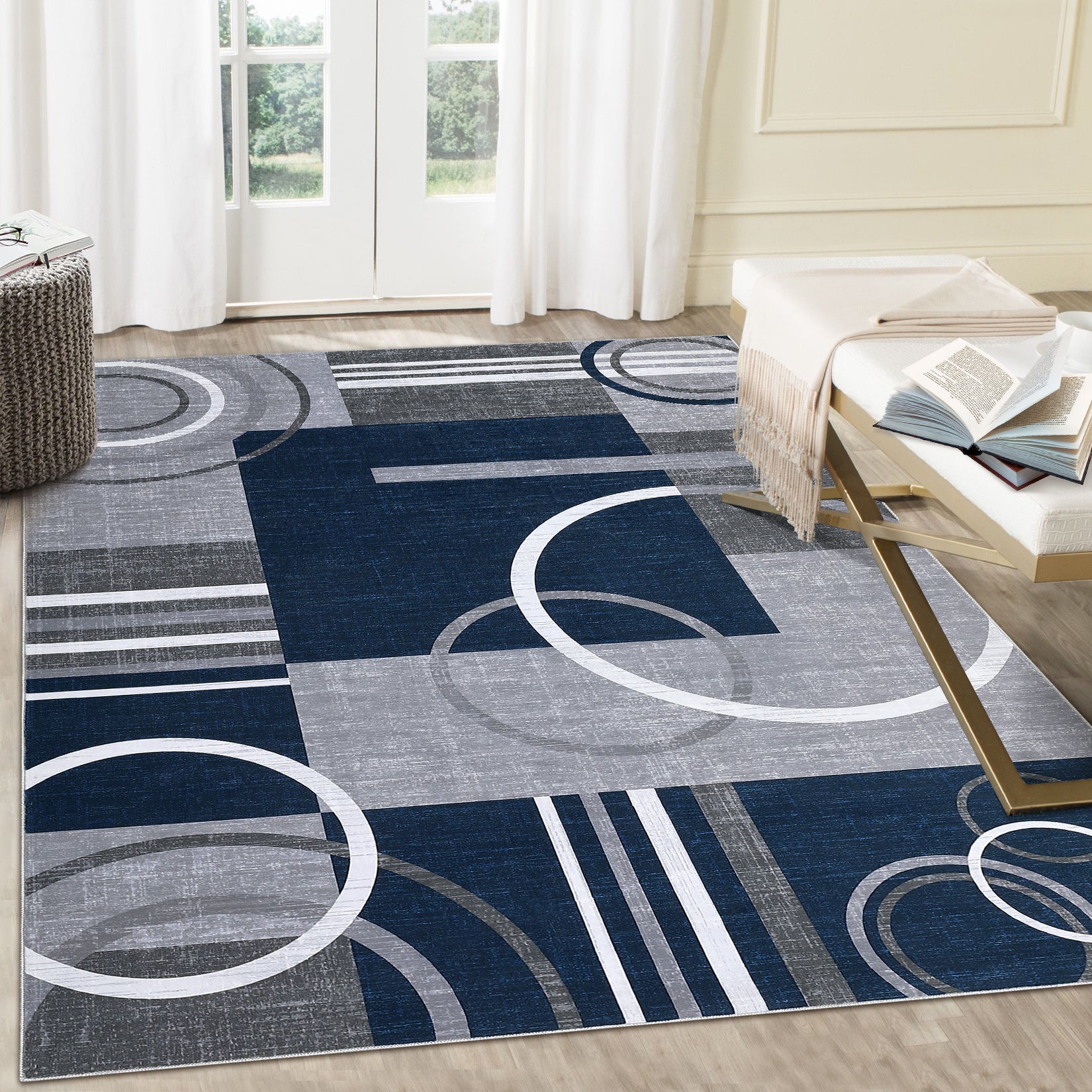 Garvee Modern Navy Blue 9x12 Geometric Washable Rug, Non Slip Low Pile Stain Resistant Carpet for Living Room & Bedroom