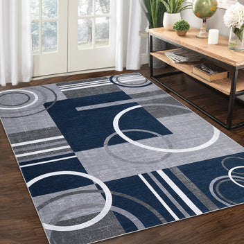 Garvee Modern Navy Blue 5x7 Geometric Washable Rug, Non Slip Low Pile Stain Resistant Carpet for Living Room & Bedroom