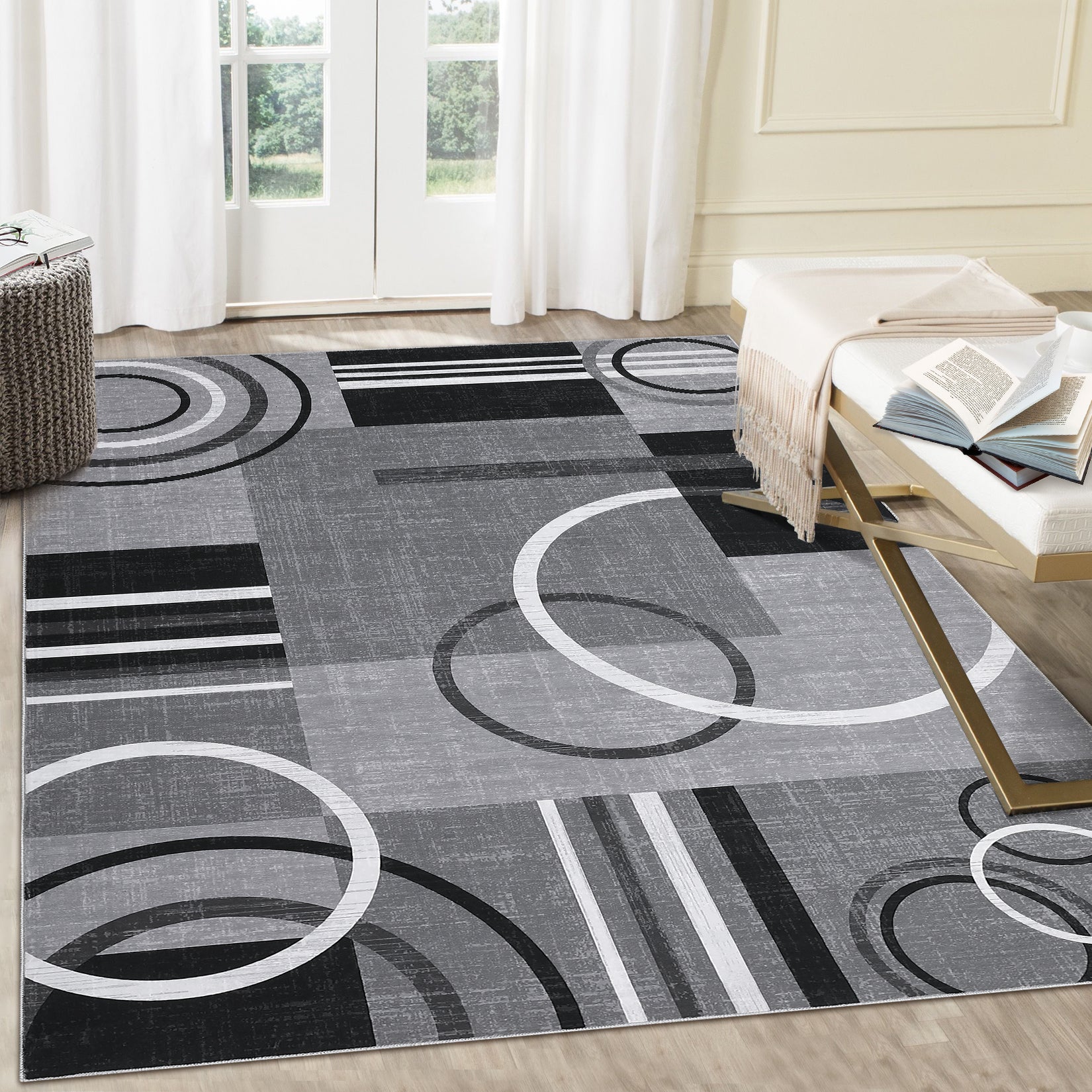 Garvee Modern Grey 9x12 Geometric Washable Large Rug, Non Slip Low Pile Stain Resistant Carpet for Living Room & Bedroom