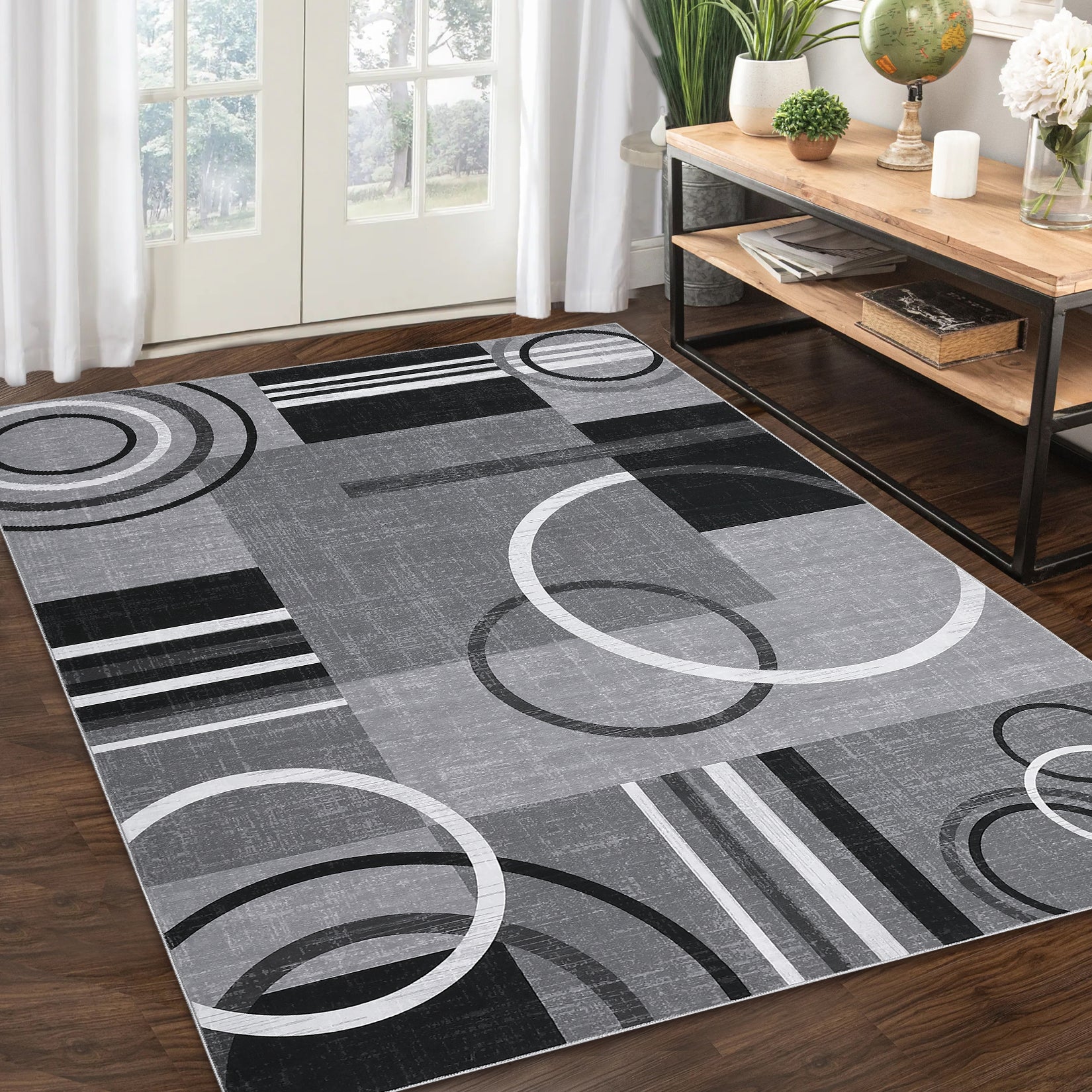 Garvee Modern Grey 9x12 Geometric Washable Large Rug, Non Slip Low Pile Stain Resistant Carpet for Living Room & Bedroom