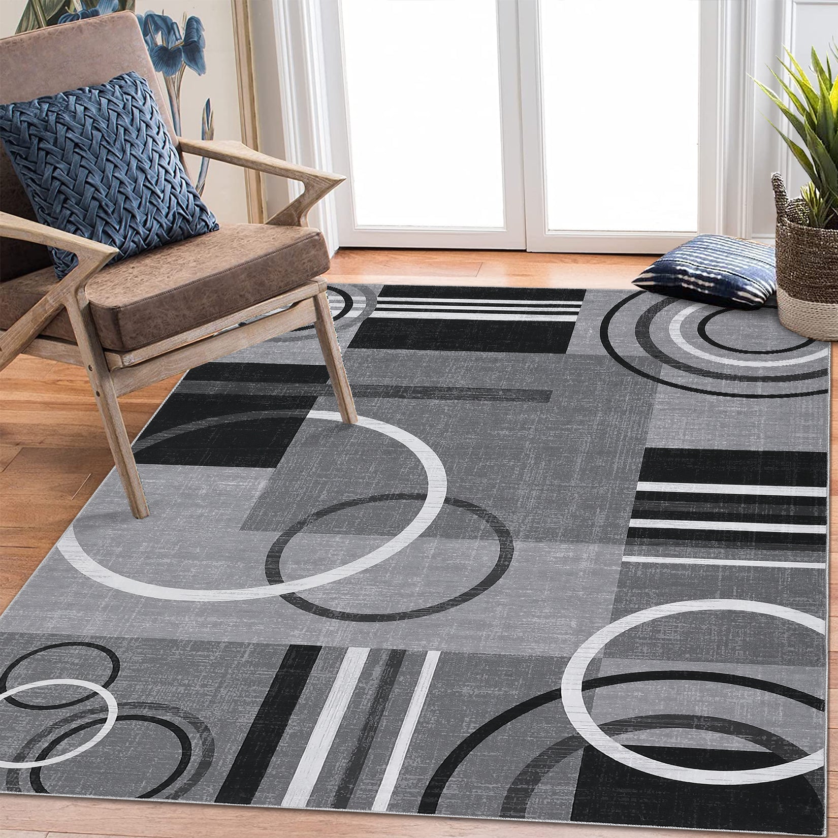 Garvee Modern Grey 9x12 Geometric Washable Large Rug, Non Slip Low Pile Stain Resistant Carpet for Living Room & Bedroom