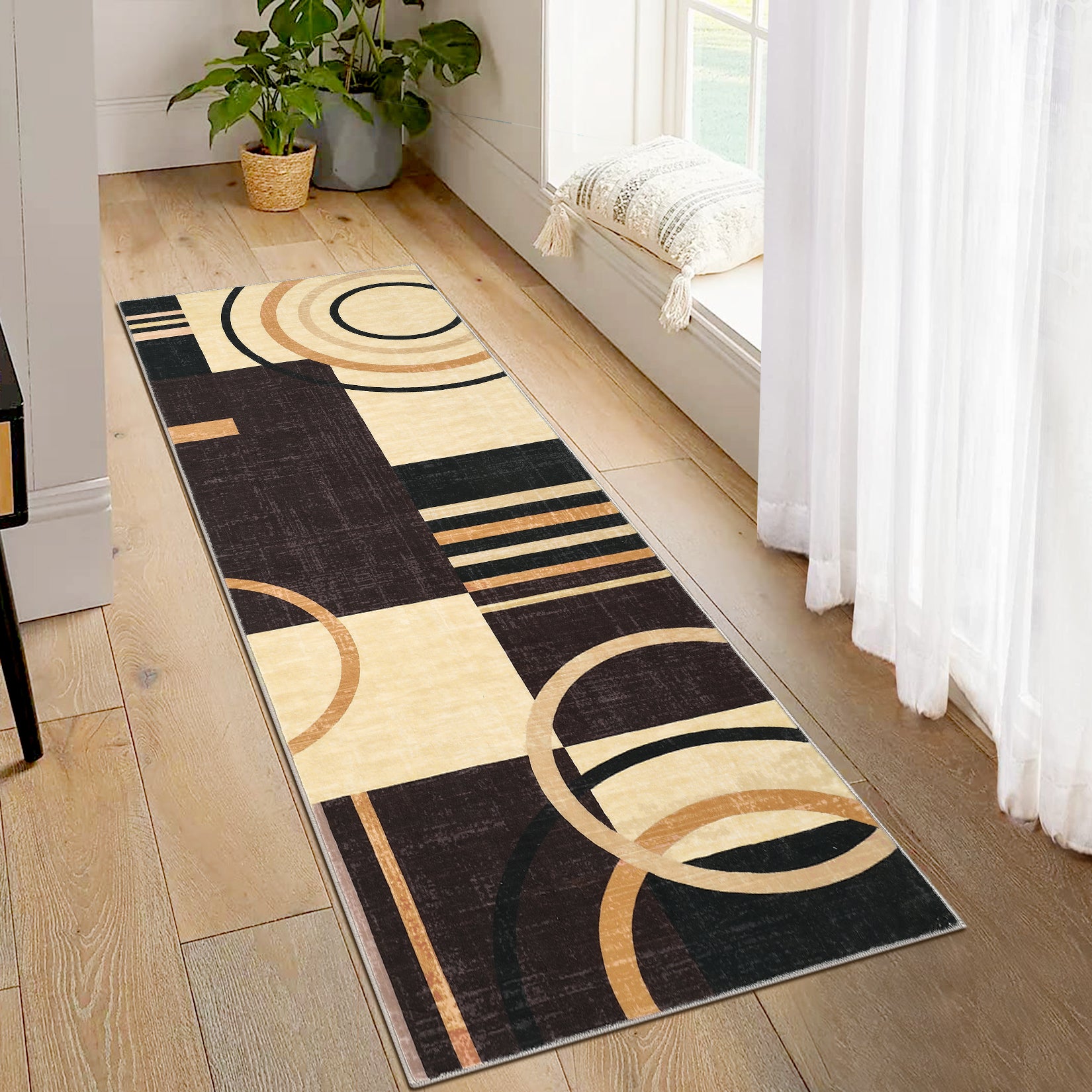 Garvee Modern Brown 2x6 Runner Rugs, Abstract Circle Design Kitchen Rug Non Slip Washable Area Rug Soft Accent Rug Living Room Rug Throw Rugs for Bathroom Bedroom