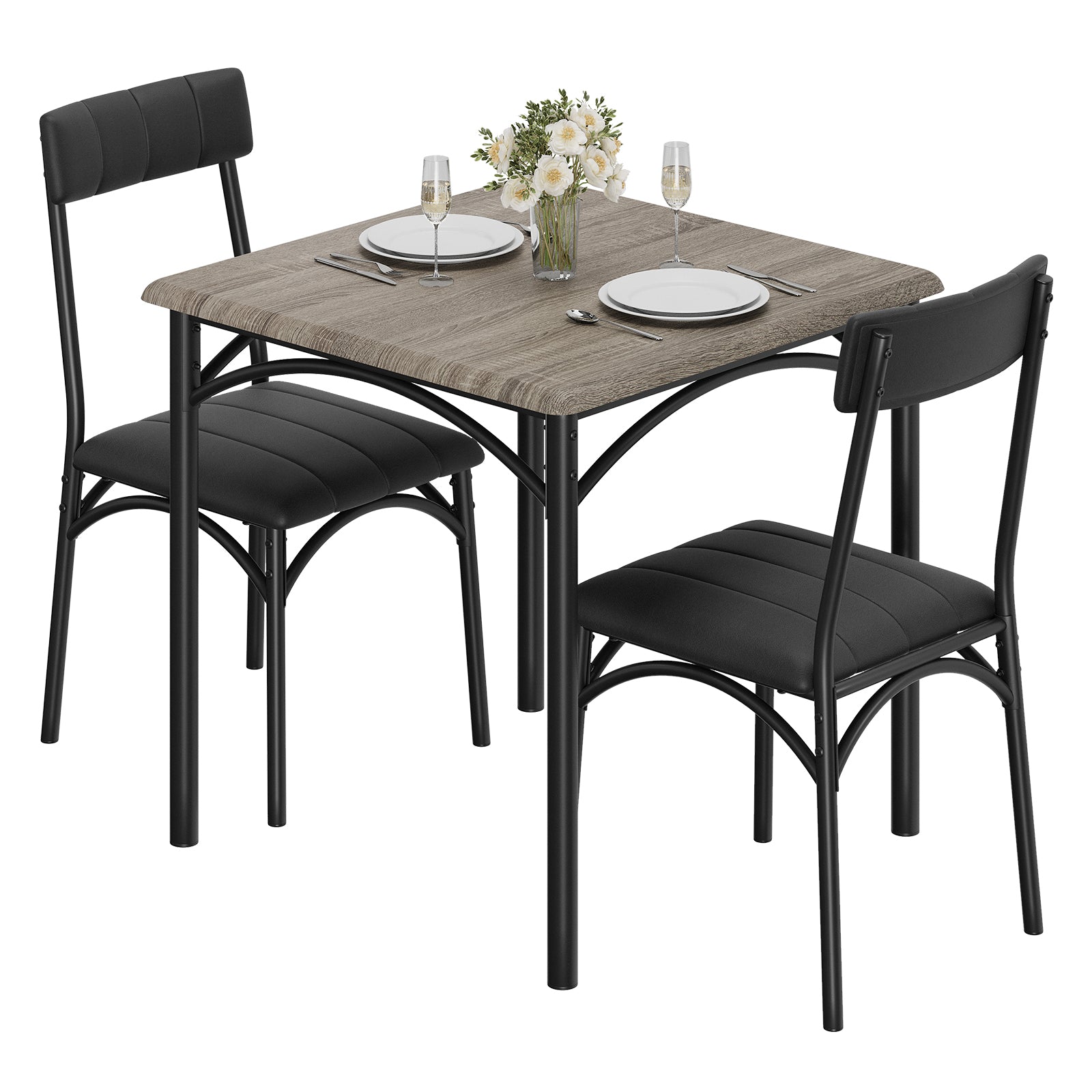 Garvee Dining Table Set for 2, Kitchen Table and Chairs for 2 with Upholstered Chairs, 3 Piece Dining Room Table Set, Square Kitchen Table Set for Small Space, Apartment, Studio, Gray