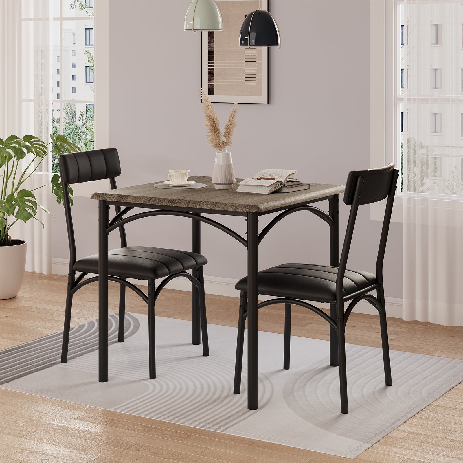 Garvee Dining Table Set for 2, Kitchen Table and Chairs for 2 with Upholstered Chairs, 3 Piece Dining Room Table Set, Square Kitchen Table Set for Small Space, Apartment, Studio, Gray