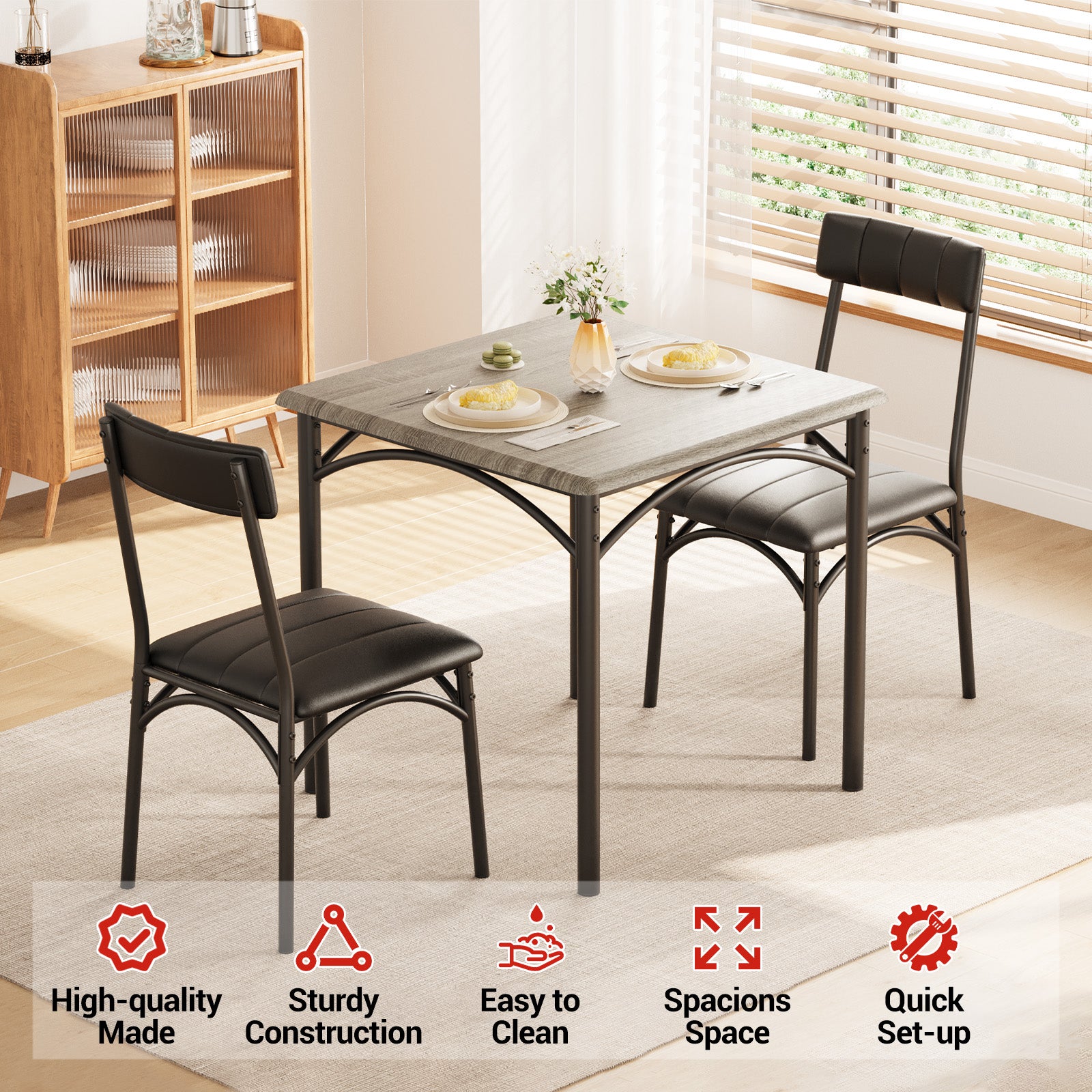 Garvee Dining Table Set for 2, Kitchen Table and Chairs for 2 with Upholstered Chairs, 3 Piece Dining Room Table Set, Square Kitchen Table Set for Small Space, Apartment, Studio, Gray