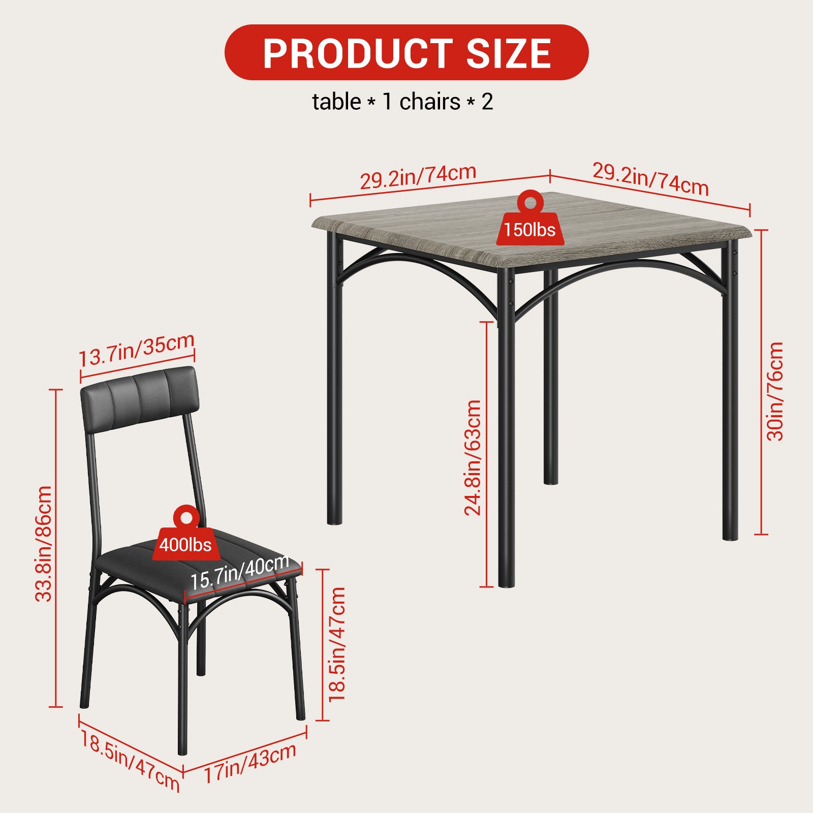 Garvee Dining Table Set for 2, Kitchen Table and Chairs for 2 with Upholstered Chairs, 3 Piece Dining Room Table Set, Square Kitchen Table Set for Small Space, Apartment, Studio, Gray