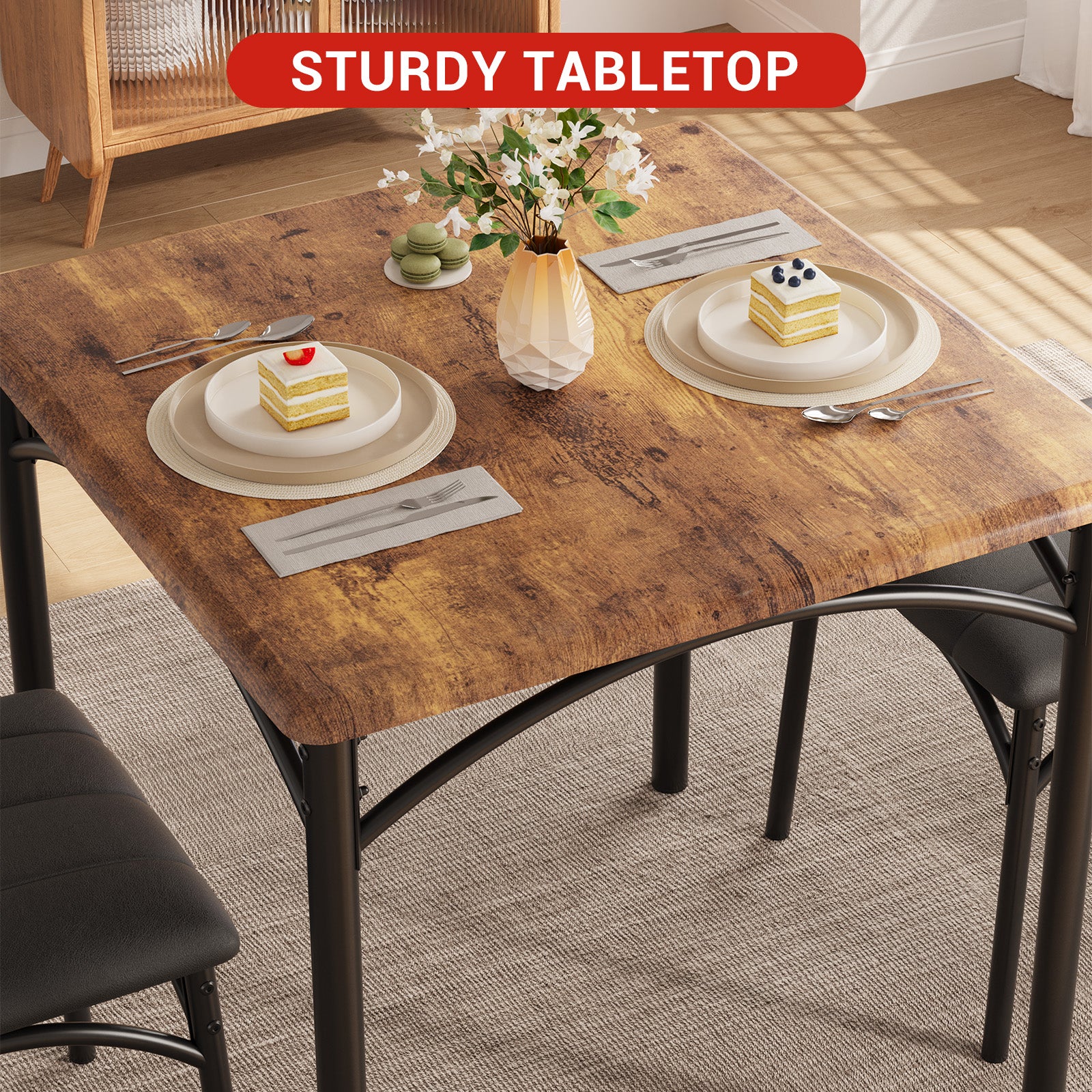 Garvee 3 Piece Dining Table Set for 2, Kitchen Table and Chairs Rectangular, Metal and Wood Dinning Room Table Furniture Set for Kitchen, Apartment, Brown