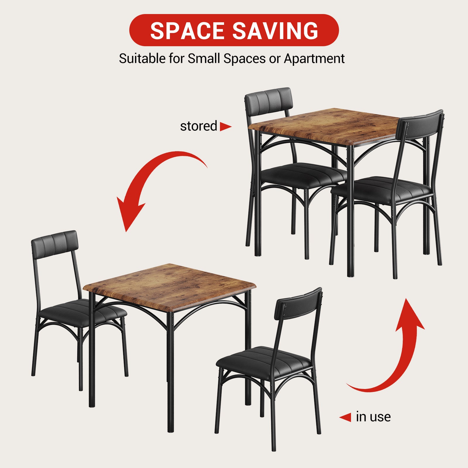 Garvee 3 Piece Dining Table Set for 2, Kitchen Table and Chairs Rectangular, Metal and Wood Dinning Room Table Furniture Set for Kitchen, Apartment, Brown