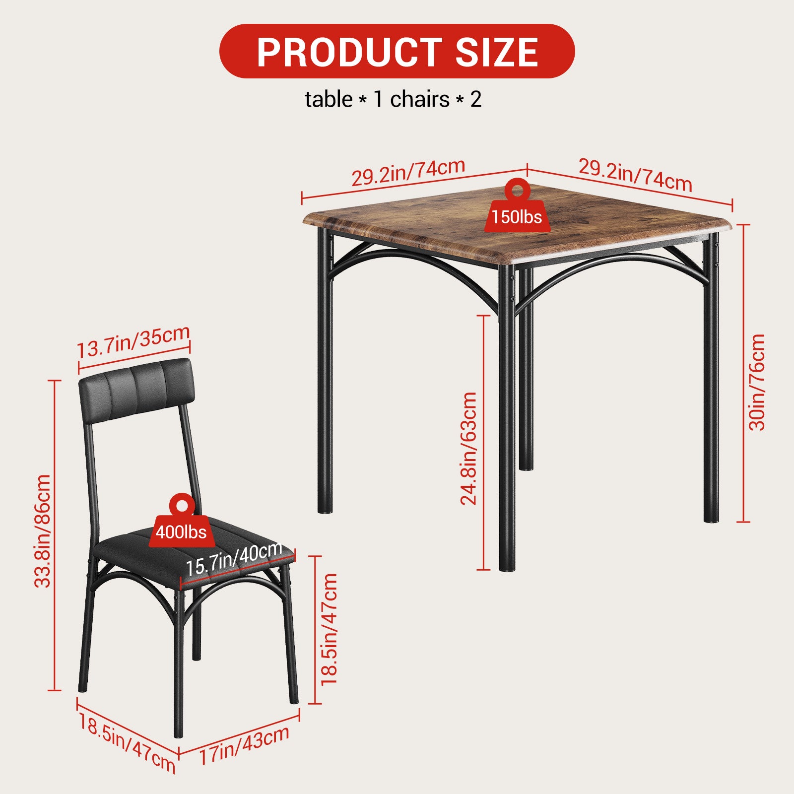 Garvee 3 Piece Dining Table Set for 2, Kitchen Table and Chairs Rectangular, Metal and Wood Dinning Room Table Furniture Set for Kitchen, Apartment, Brown