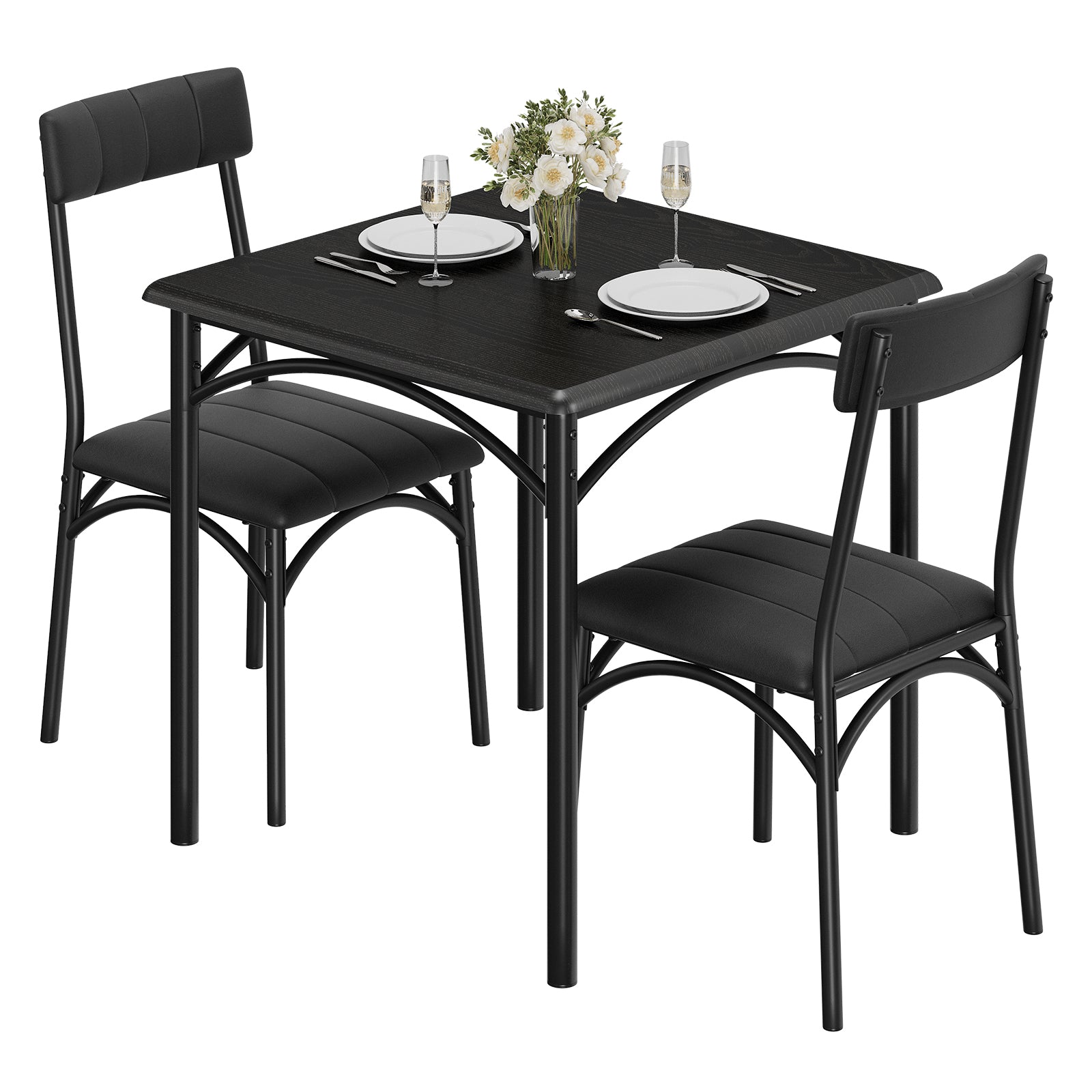 Garvee Dining Table Set for 2, Kitchen Table with 2 Upholstered Chairs, 3 Piece Square Dining Room Table Set, for Small Space, Apartment, Home, Kitchen, Black