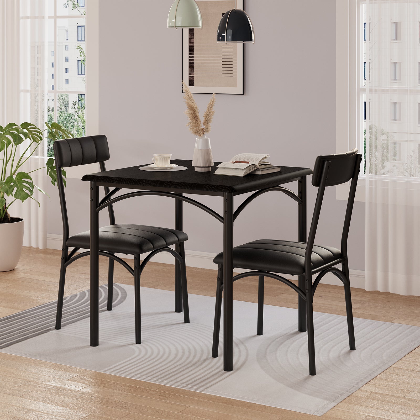Garvee Dining Table Set for 2, Kitchen Table with 2 Upholstered Chairs, 3 Piece Square Dining Room Table Set, for Small Space, Apartment, Home, Kitchen, Black