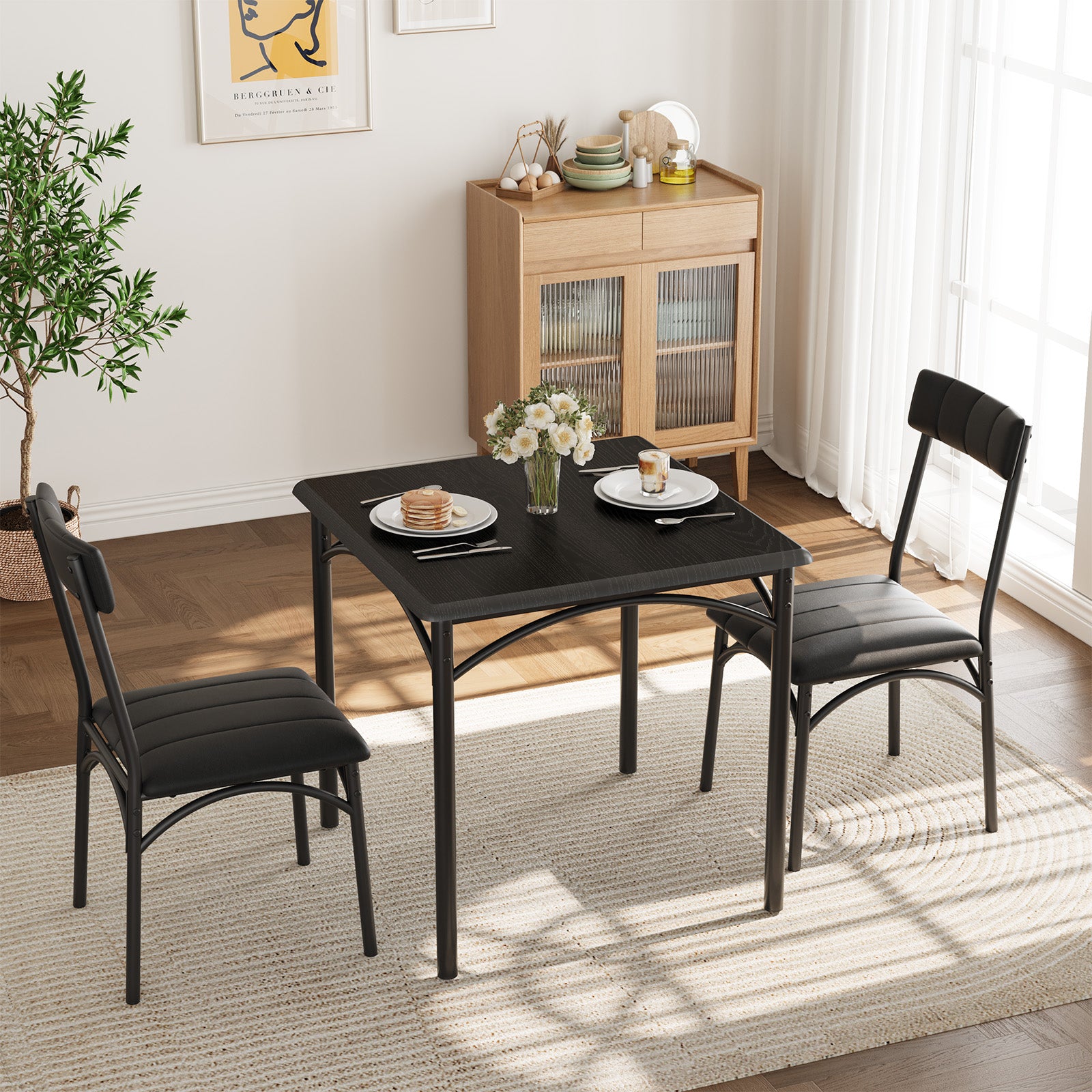 Garvee Dining Table Set for 2, Kitchen Table with 2 Upholstered Chairs, 3 Piece Square Dining Room Table Set, for Small Space, Apartment, Home, Kitchen, Black