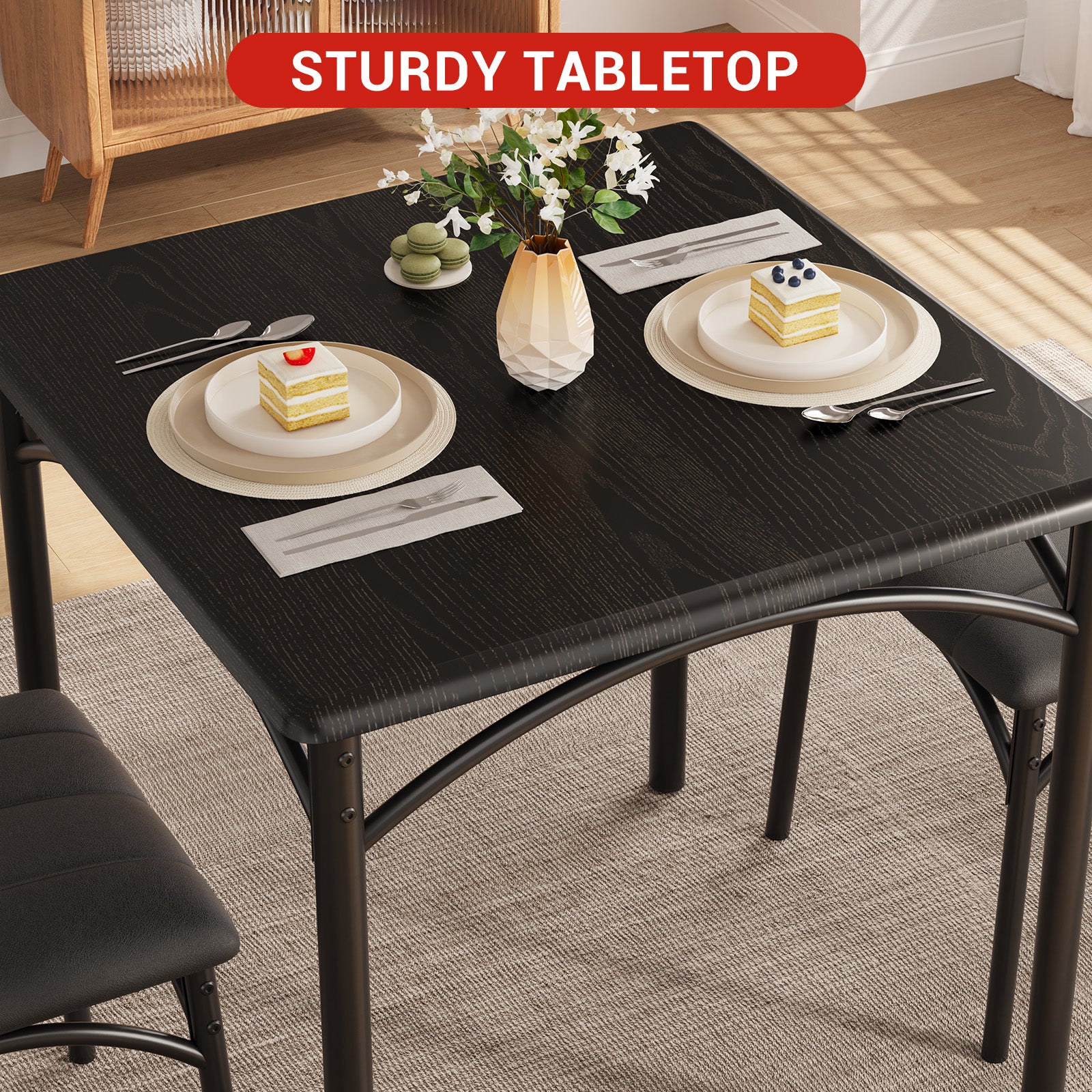 Garvee Dining Table Set for 2, Kitchen Table with 2 Upholstered Chairs, 3 Piece Square Dining Room Table Set, for Small Space, Apartment, Home, Kitchen, Black