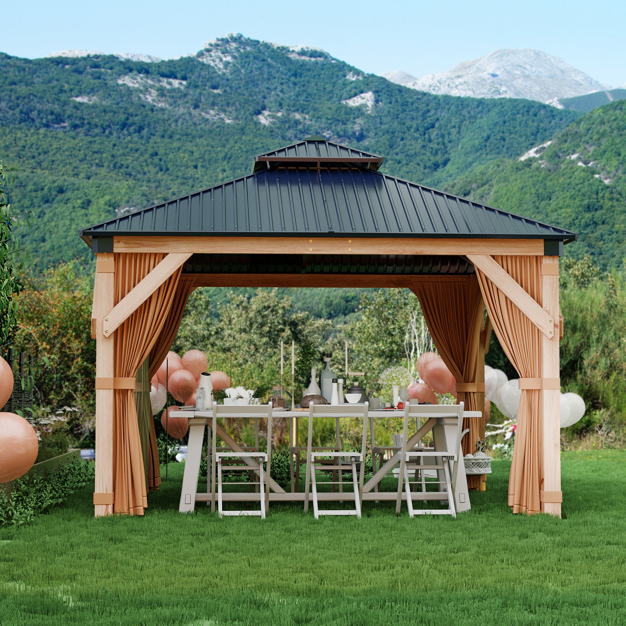 Garvee 10x10 FT Wooden Double Roof Gazebo Outdoor Canopy Shelter with 4-Post Design for Patio, Backyard, Garden & Wedding Parties