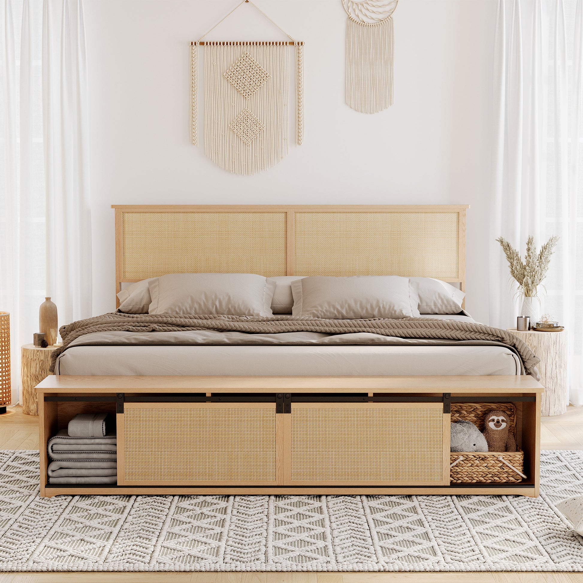 Garvee Natural Rattan Full Size Bed Frame with Sliding Barn Door Storage Cabinets and Led Light Headboard, Boho Farmhouse Wood Platform Bed with Solid Wood Legs Support, No Box Spring Needed