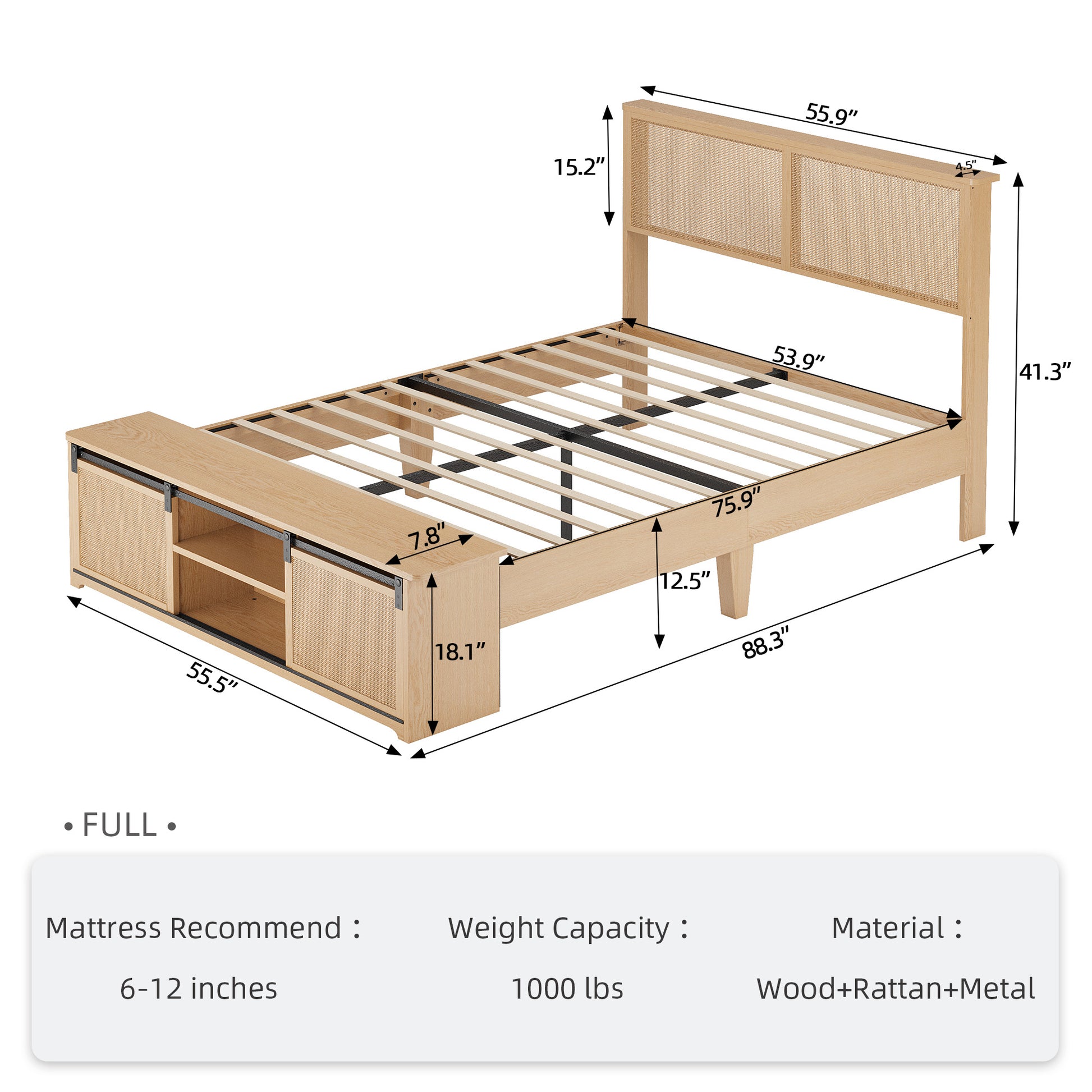 Garvee Natural Rattan Full Size Bed Frame with Sliding Barn Door Storage Cabinets and Led Light Headboard, Boho Farmhouse Wood Platform Bed with Solid Wood Legs Support, No Box Spring Needed