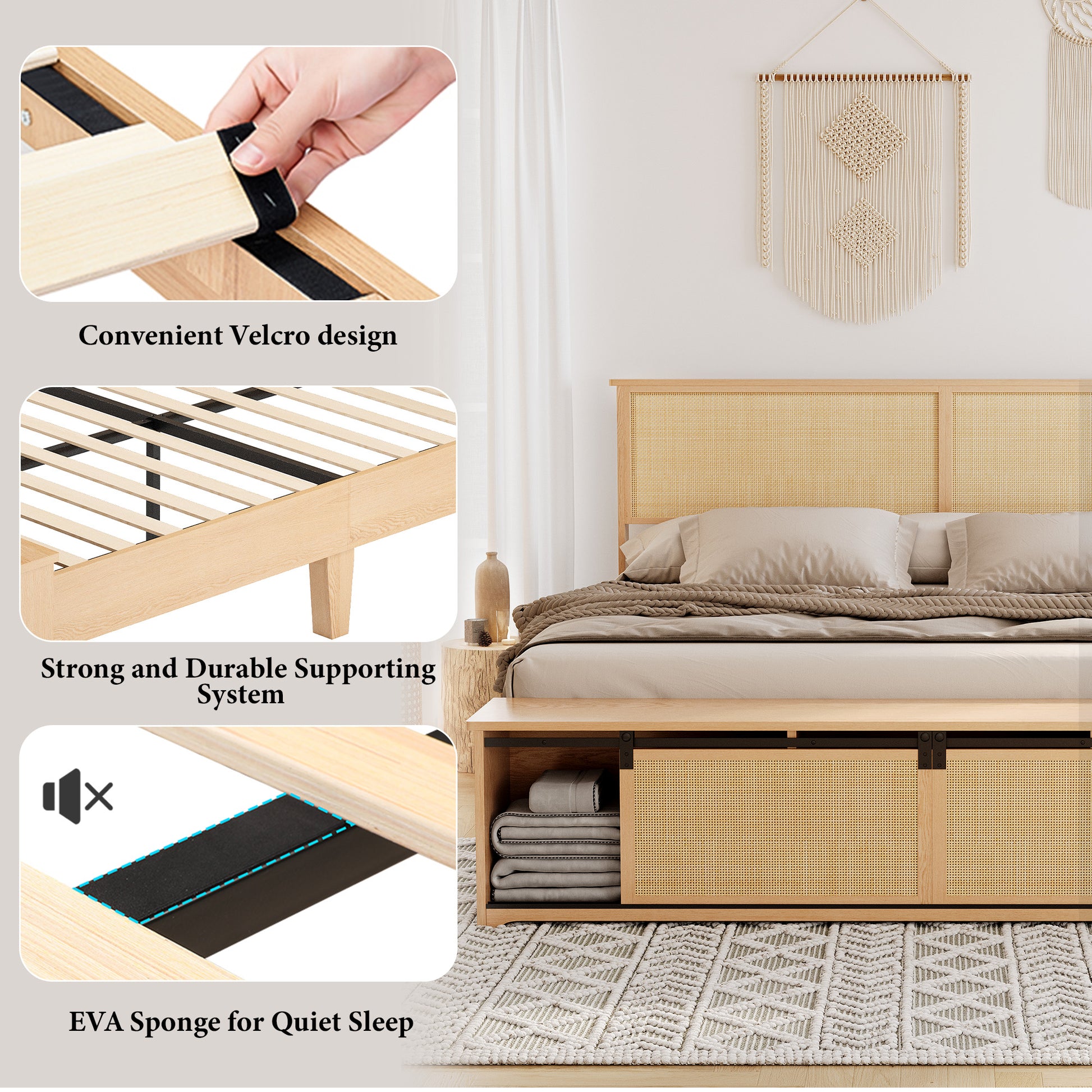 Garvee Natural Rattan Full Size Bed Frame with Sliding Barn Door Storage Cabinets and Led Light Headboard, Boho Farmhouse Wood Platform Bed with Solid Wood Legs Support, No Box Spring Needed