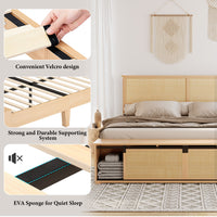 Garvee Natural Rattan Full Size Bed Frame with Sliding Barn Door Storage Cabinets and Led Light Headboard, Boho Farmhouse Wood Platform Bed with Solid Wood Legs Support, No Box Spring Needed