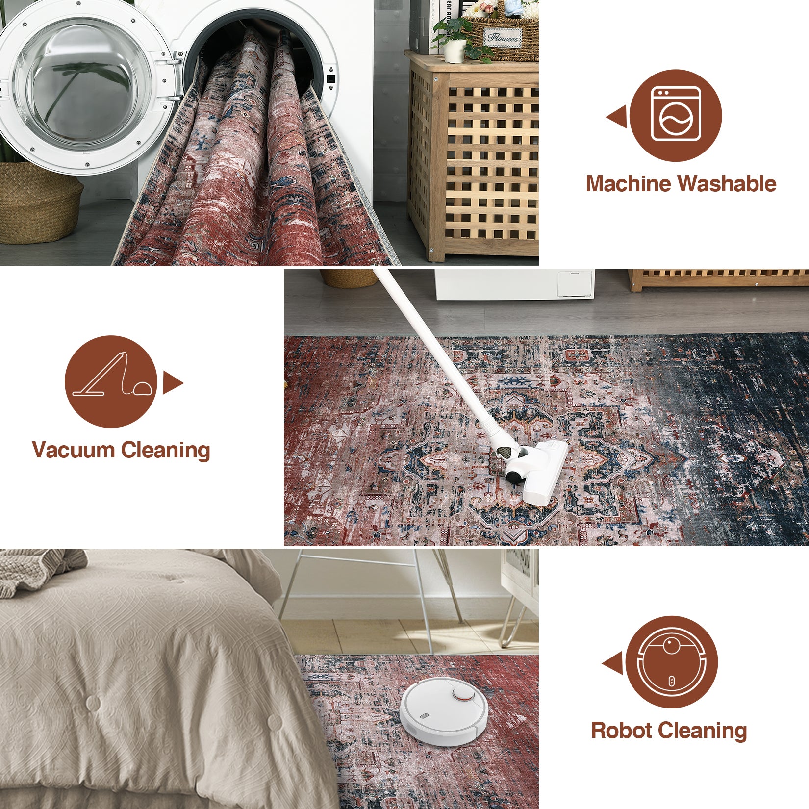 Garvee Washable Area Rug 4x6, Vintage Distressed Ombre Rug for Bedroom Living Room, Low Pile Non-Slip Soft Throw Rug for Dining Room Office Playroom, Rust/Navy Multi