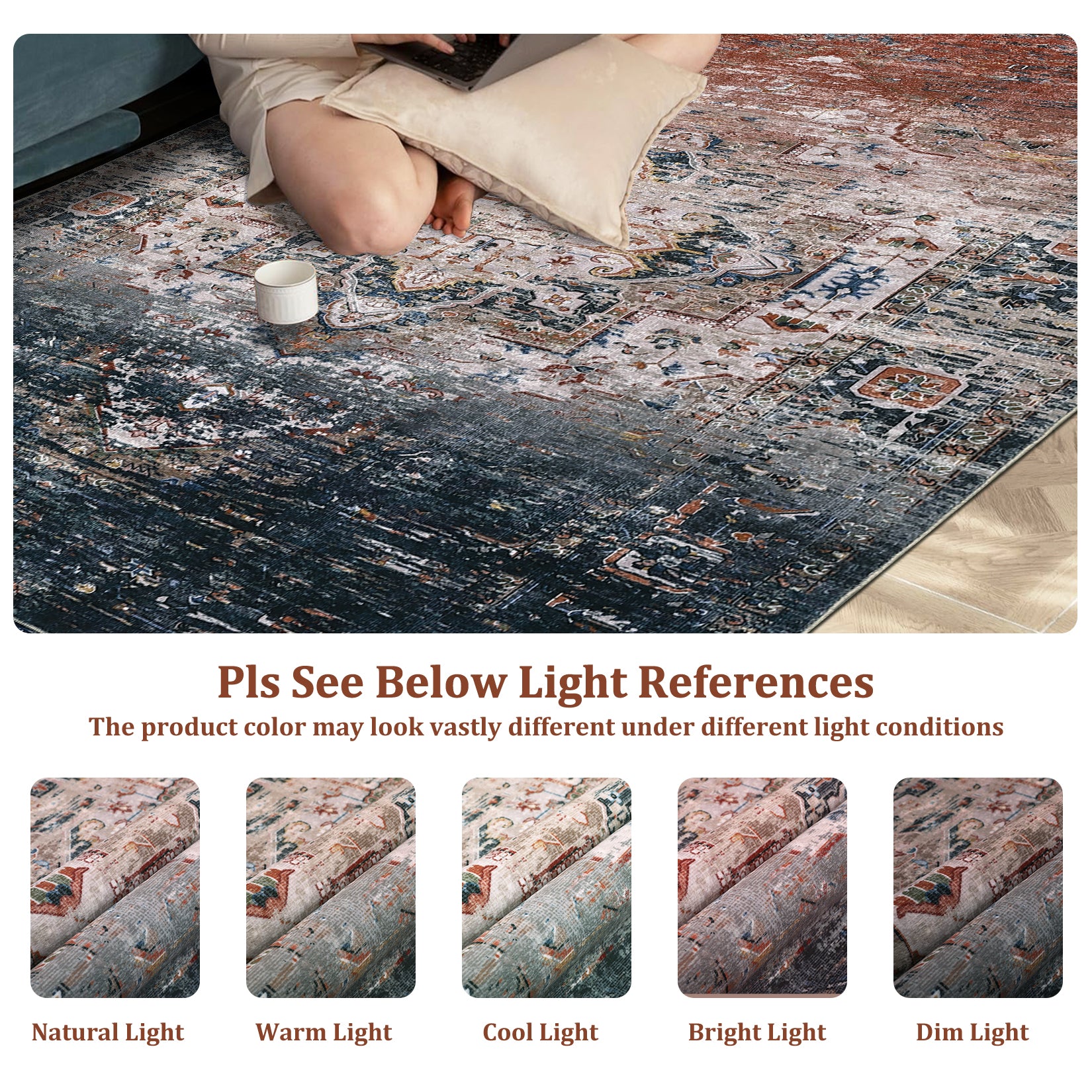 Garvee Washable Area Rug 4x6, Vintage Distressed Ombre Rug for Bedroom Living Room, Low Pile Non-Slip Soft Throw Rug for Dining Room Office Playroom, Rust/Navy Multi