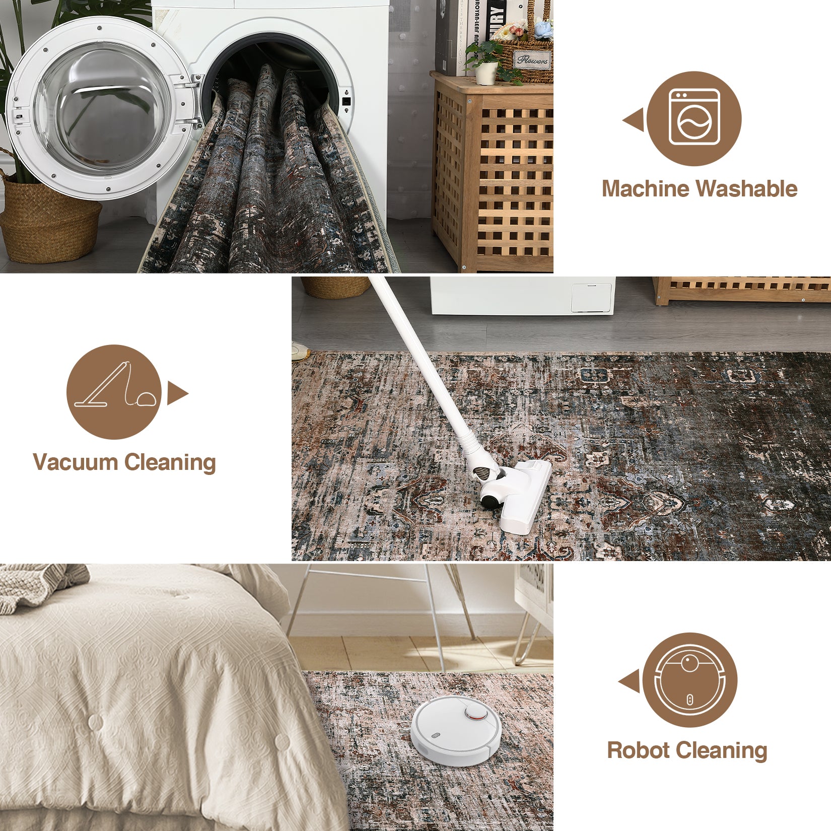 Garvee 8x10 Area Rugs for Living Room, Machine Washable Non-Slip Ombre Vintage Distressed Accent Rug, Ultra-Thin Soft Large Area Rug for Bedroom Dining Room, Brown Multi