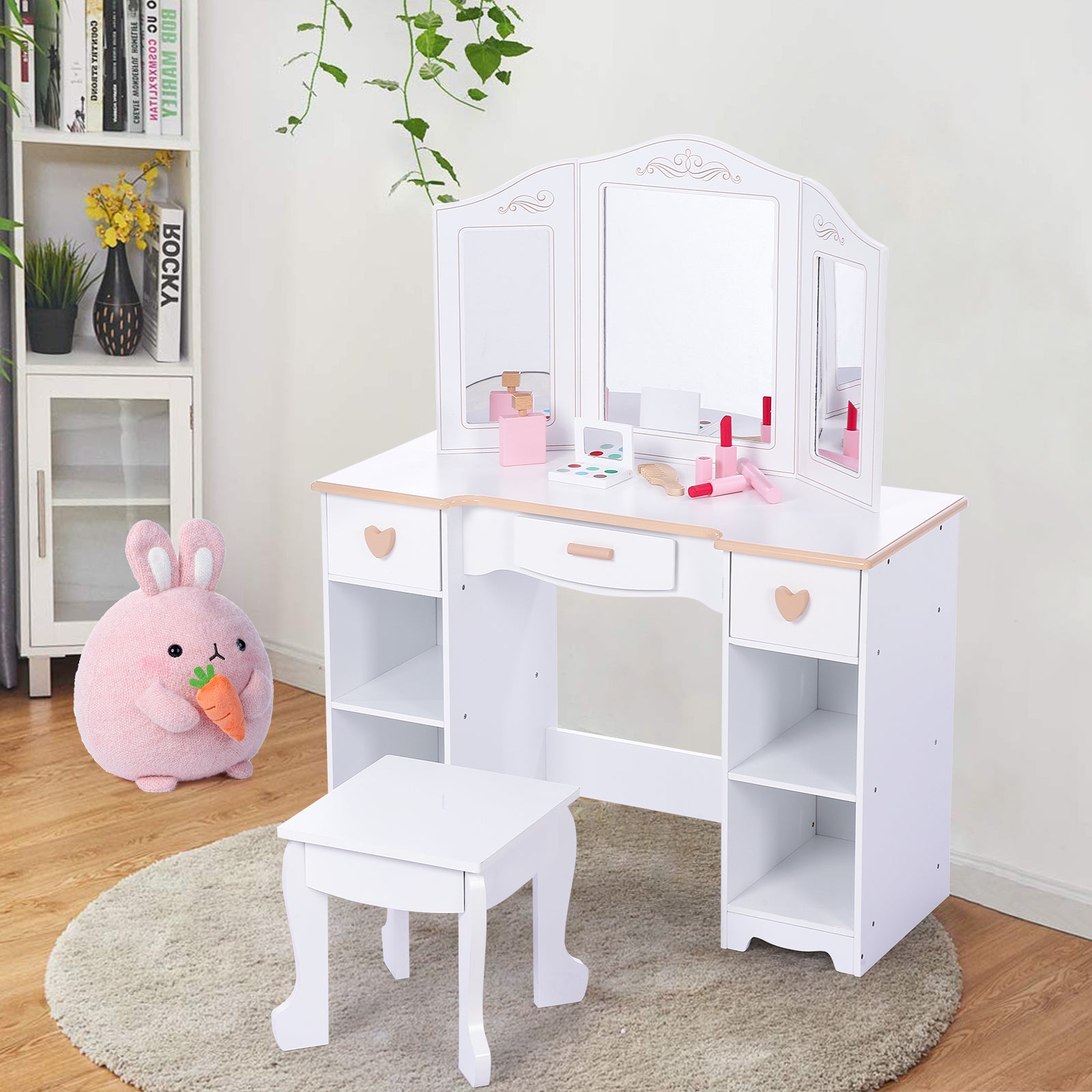 Garvee Girls' Vanity Table and Stool Set with Mirror, Drawer and Wood Makeup Playset Toy for Age 3-10, White