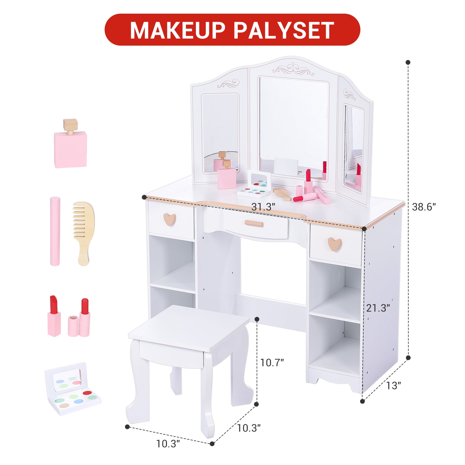 Garvee Girls' Vanity Table and Stool Set with Mirror, Drawer and Wood Makeup Playset Toy for Age 3-10, White