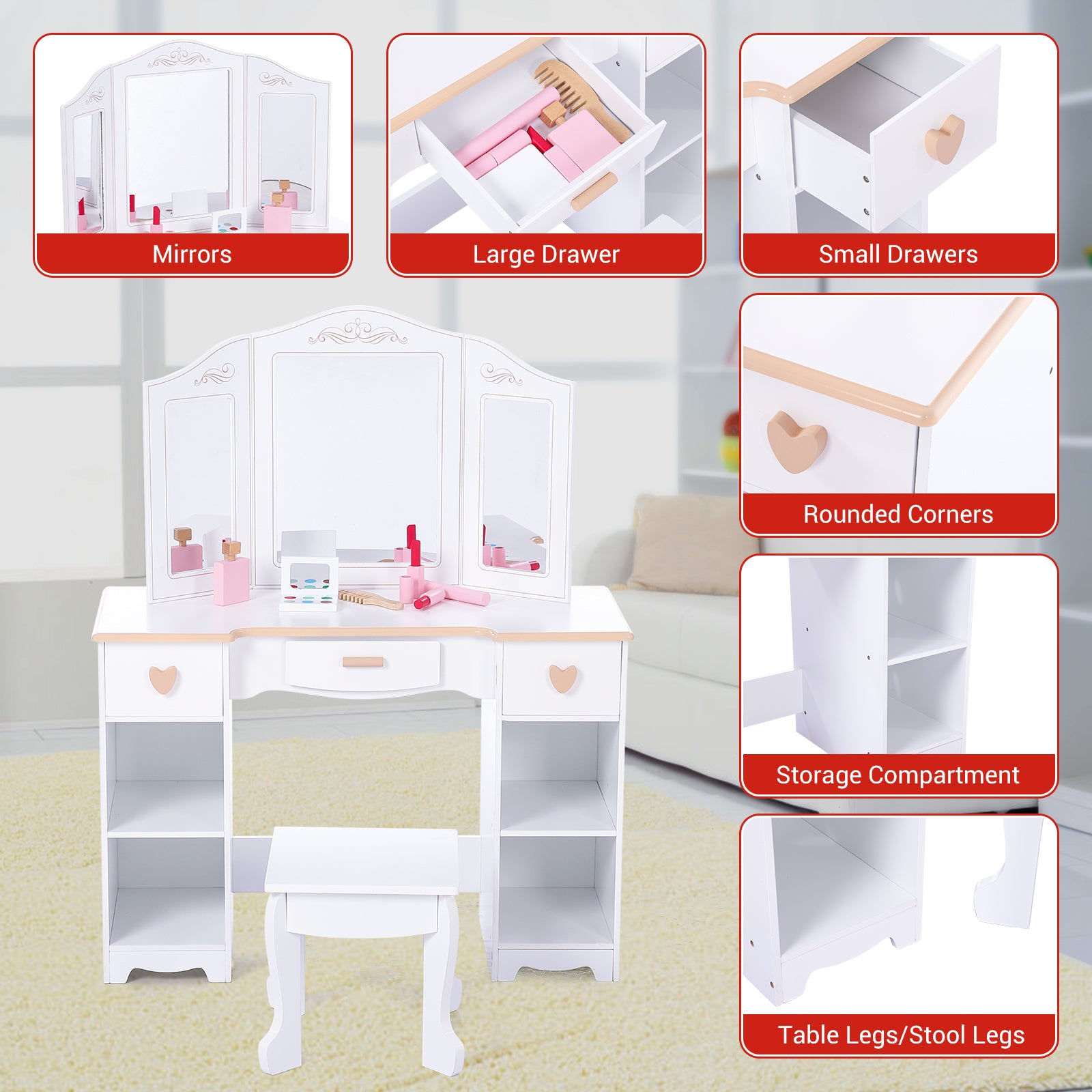 Garvee Girls' Vanity Table and Stool Set with Mirror, Drawer and Wood Makeup Playset Toy for Age 3-10, White