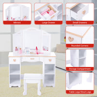 Garvee Girls' Vanity Table and Stool Set with Mirror, Drawer and Wood Makeup Playset Toy for Age 3-10, White