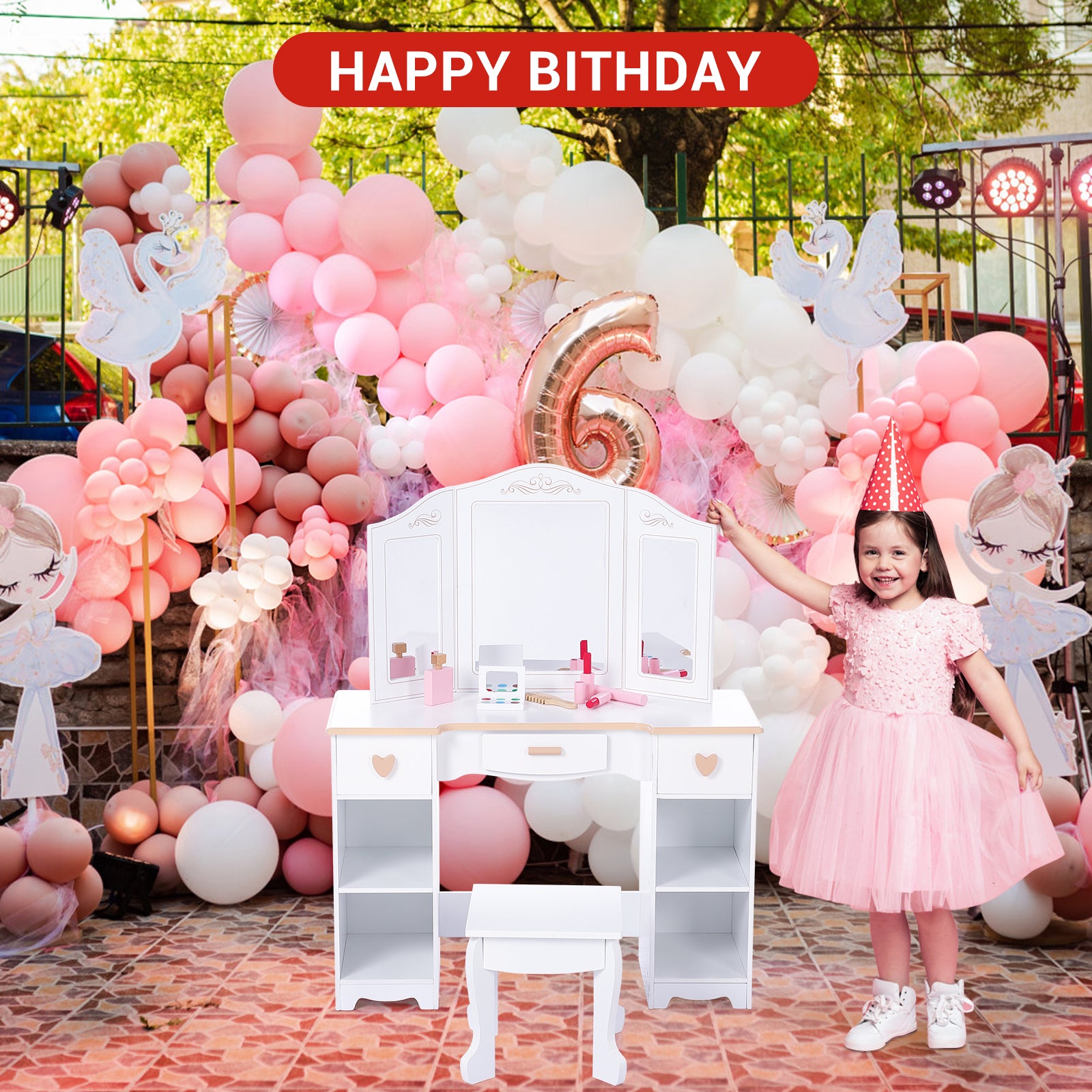 Garvee Girls' Vanity Table and Stool Set with Mirror, Drawer and Wood Makeup Playset Toy for Age 3-10, White