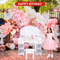 Garvee Girls' Vanity Table and Stool Set with Mirror, Drawer and Wood Makeup Playset Toy for Age 3-10, White