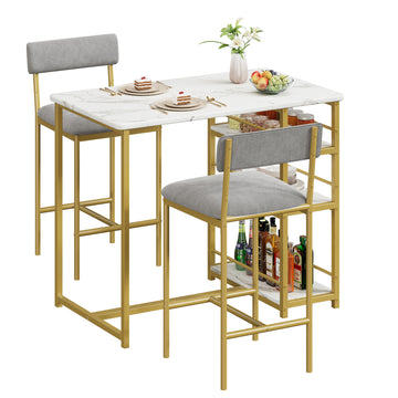 Garvee Dining Table Set for 2, Kitchen Table Set, Dining Room Table Set with 2 Velvet Upholstered Bar Chairs, 3 Piece Counter Height Table Set for Small Space, Apartment, White