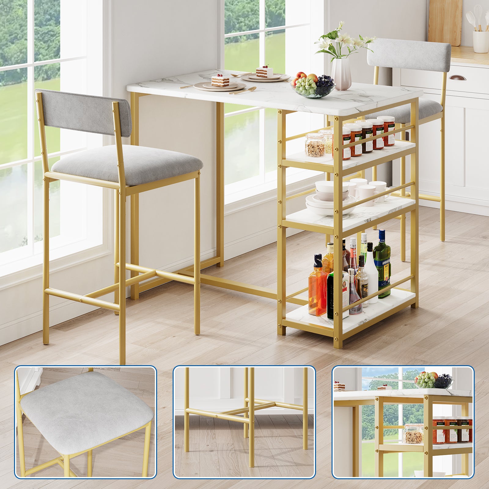 Garvee Dining Table Set for 2, Kitchen Table Set, Dining Room Table Set with 2 Velvet Upholstered Bar Chairs, 3 Piece Counter Height Table Set for Small Space, Apartment, White