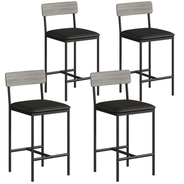 Garvee 25.5 Inches Bar Stools Set of 4 with Footrest, PU Upholstered, Back Support, Easy Assembly, for Kitchen Counter Island, Gray