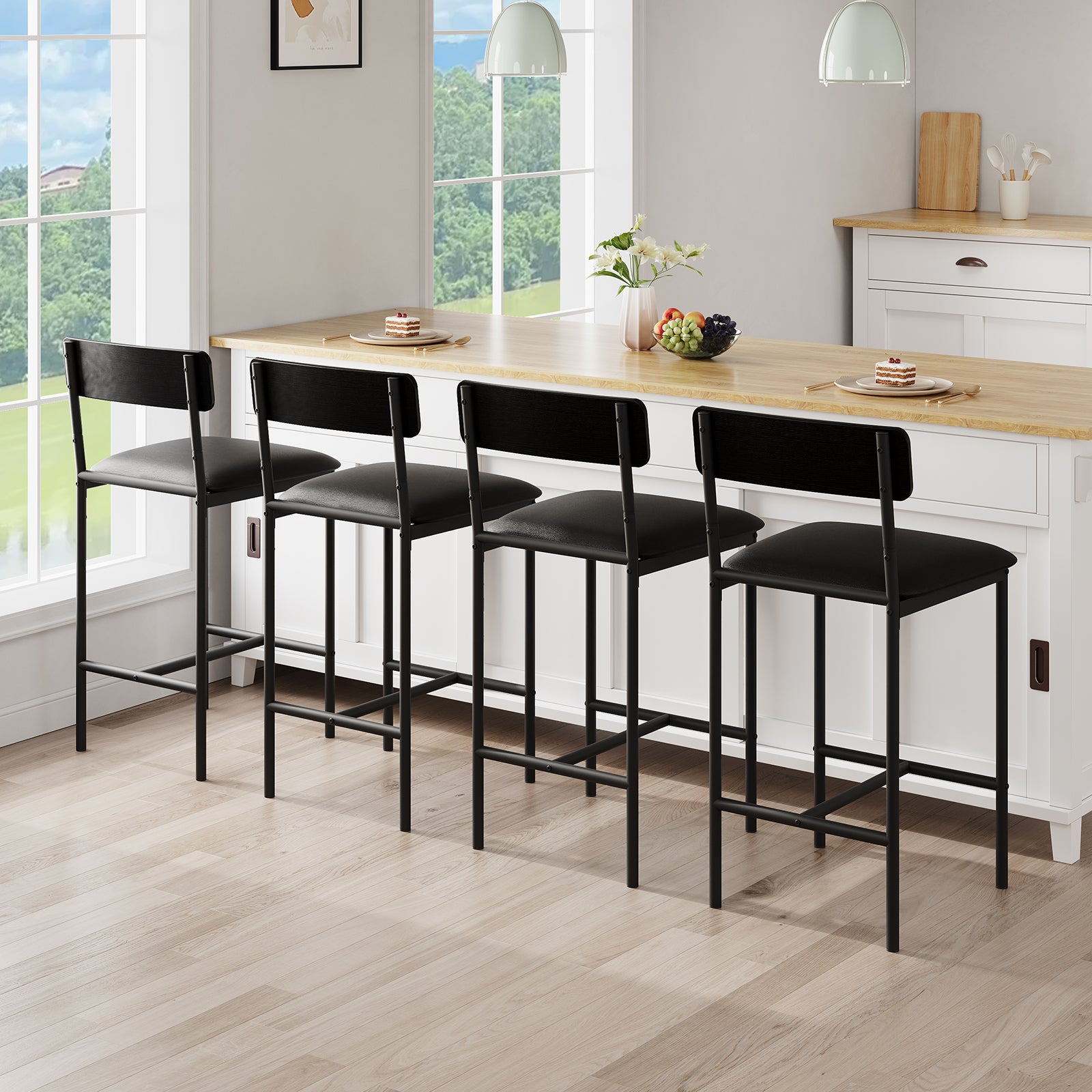 Garvee 25.5 Inches Bar Stools Set of 4, Kitchen Bar Stools with Footrest, PU Upholstered Bar Chairs, Easy Assembly, Black