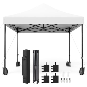 White 10'x10' pop-up tent, heavy-duty steel frame, UV-protected, perfect for camping.