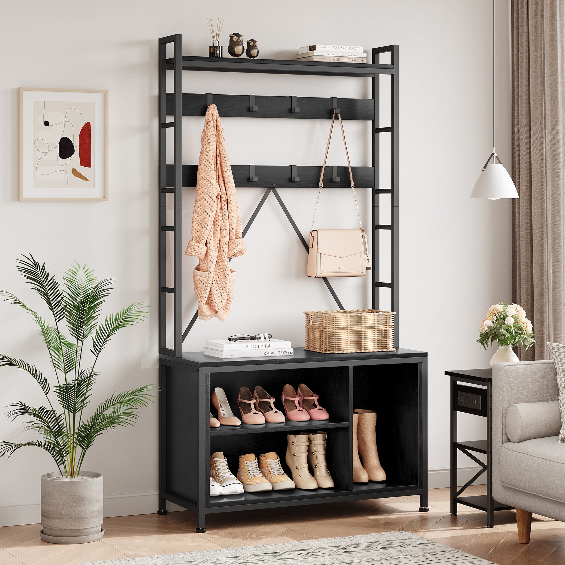 Garvee Coat Rack Shoe Bench Industrial Hall Tree Storage Bench with 3 Storage Cubbies and 8 Hooks Freestanding Entryway Coat Rack with Shoe Storage