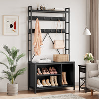 Garvee Coat Rack Shoe Bench Industrial Hall Tree Storage Bench with 3 Storage Cubbies and 8 Hooks Freestanding Entryway Coat Rack with Shoe Storage