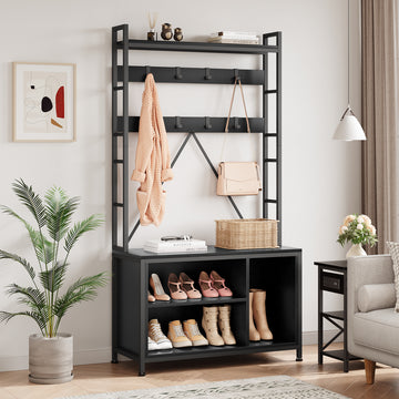 Garvee Coat Rack Shoe Bench Industrial Hall Tree Storage Bench with 3 Storage Cubbies and 8 Hooks Freestanding Entryway Coat Rack with Shoe Storage