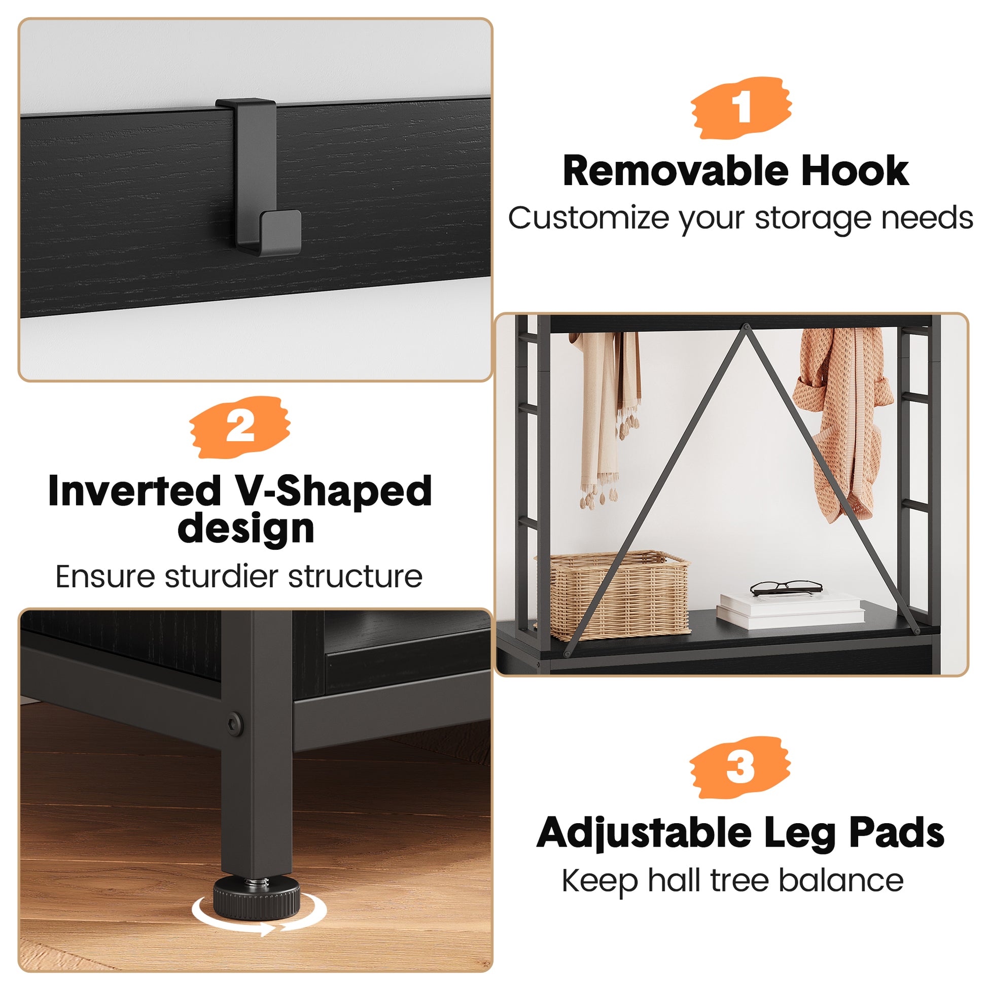 Garvee Coat Rack Shoe Bench Industrial Hall Tree Storage Bench with 3 Storage Cubbies and 8 Hooks Freestanding Entryway Coat Rack with Shoe Storage