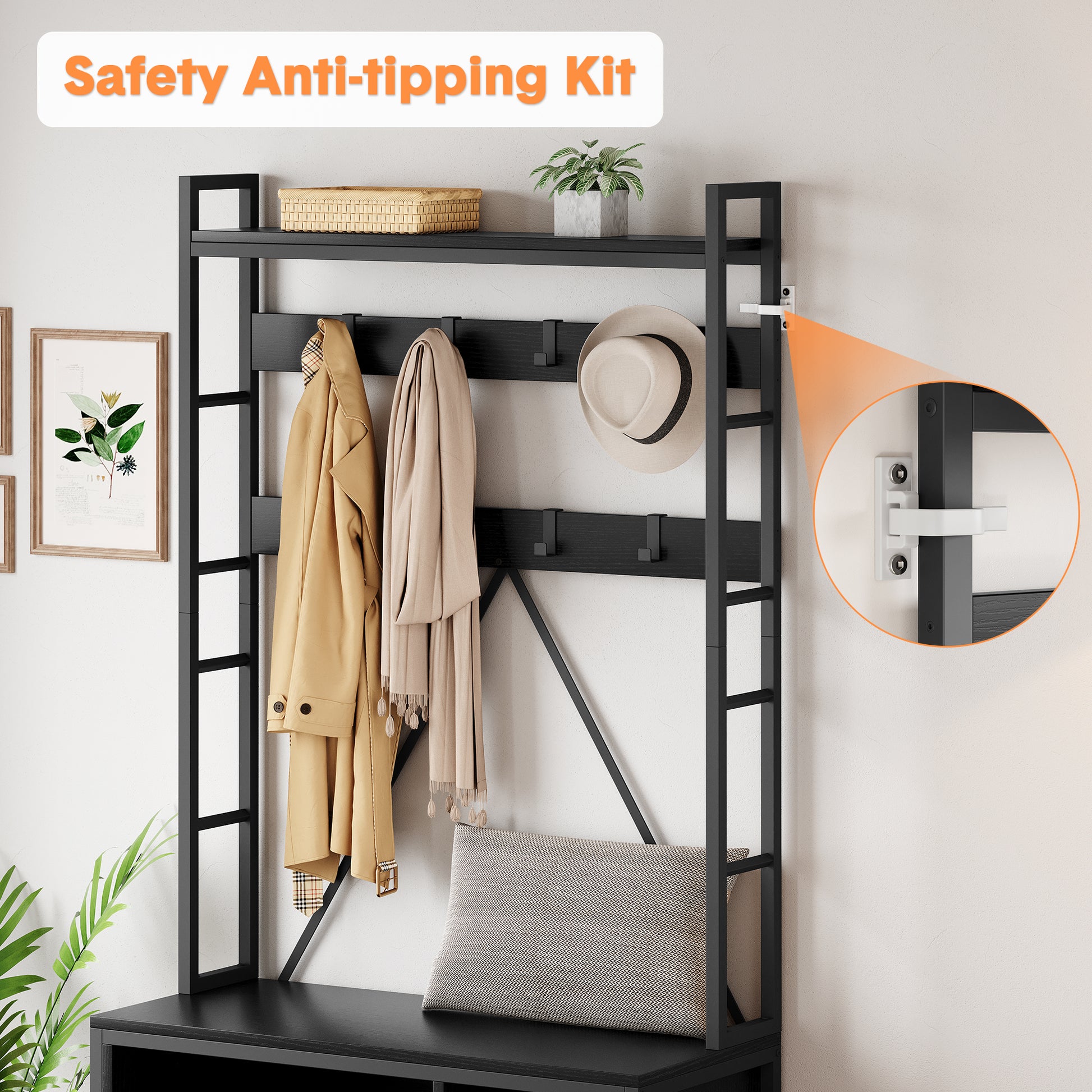 Garvee Coat Rack Shoe Bench Industrial Hall Tree Storage Bench with 3 Storage Cubbies and 8 Hooks Freestanding Entryway Coat Rack with Shoe Storage