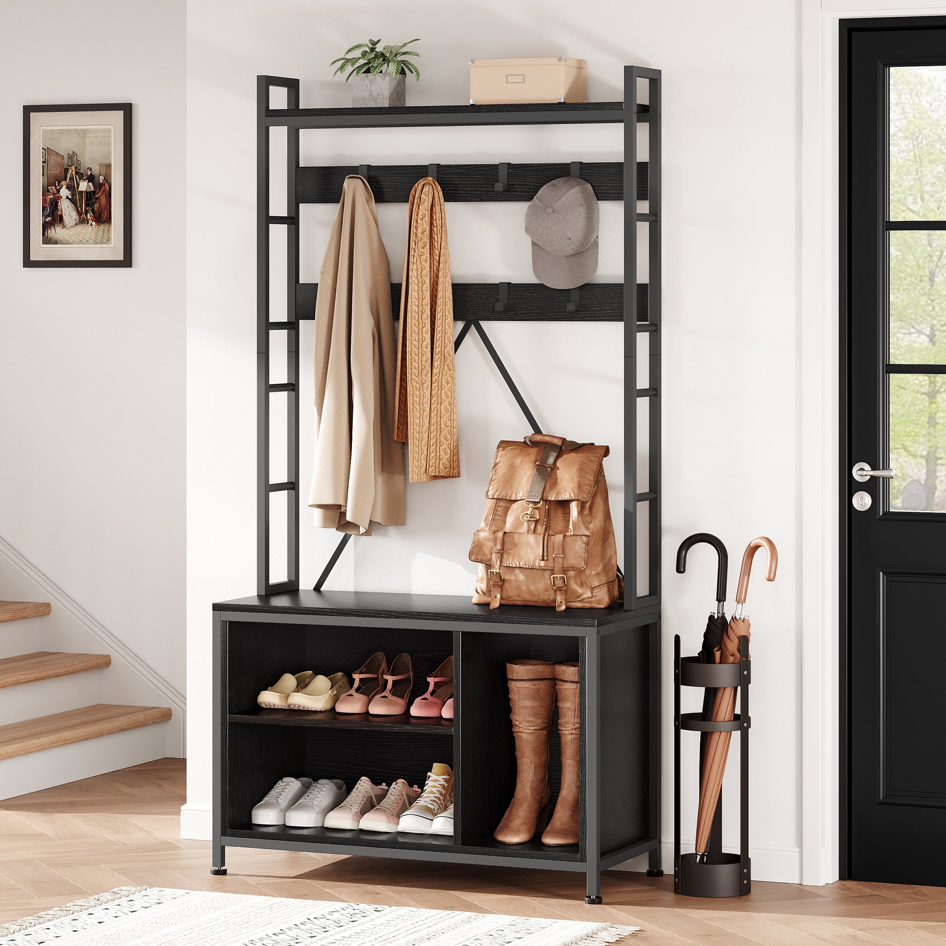 Garvee Coat Rack Shoe Bench Industrial Hall Tree Storage Bench with 3 Storage Cubbies and 8 Hooks Freestanding Entryway Coat Rack with Shoe Storage