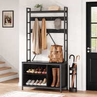 Garvee Coat Rack Shoe Bench Industrial Hall Tree Storage Bench with 3 Storage Cubbies and 8 Hooks Freestanding Entryway Coat Rack with Shoe Storage