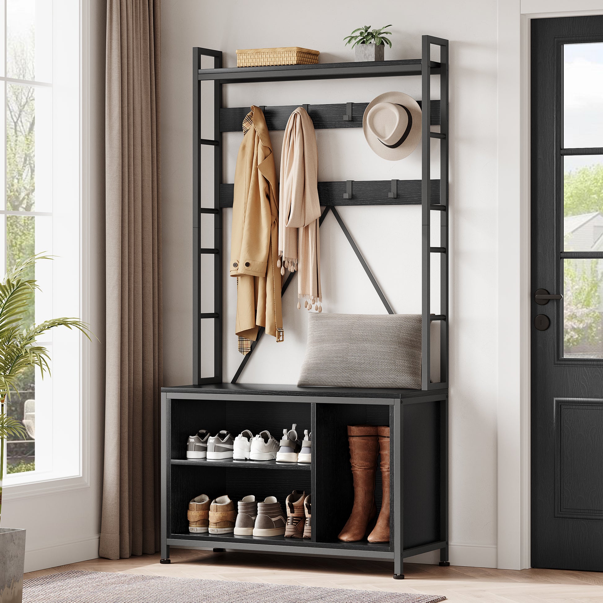 Garvee Coat Rack Shoe Bench Industrial Hall Tree Storage Bench with 3 Storage Cubbies and 8 Hooks Freestanding Entryway Coat Rack with Shoe Storage