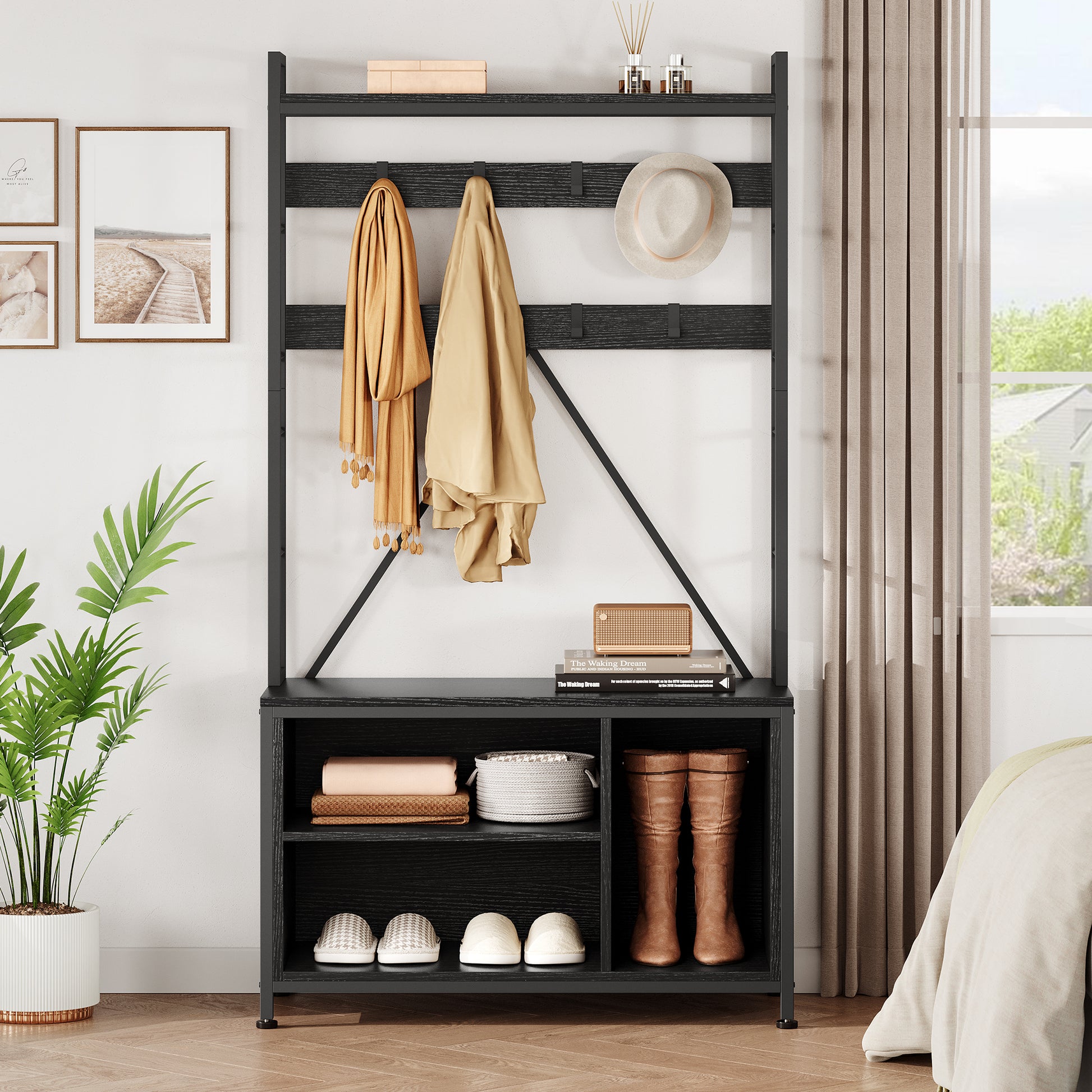 Garvee Coat Rack Shoe Bench Industrial Hall Tree Storage Bench with 3 Storage Cubbies and 8 Hooks Freestanding Entryway Coat Rack with Shoe Storage