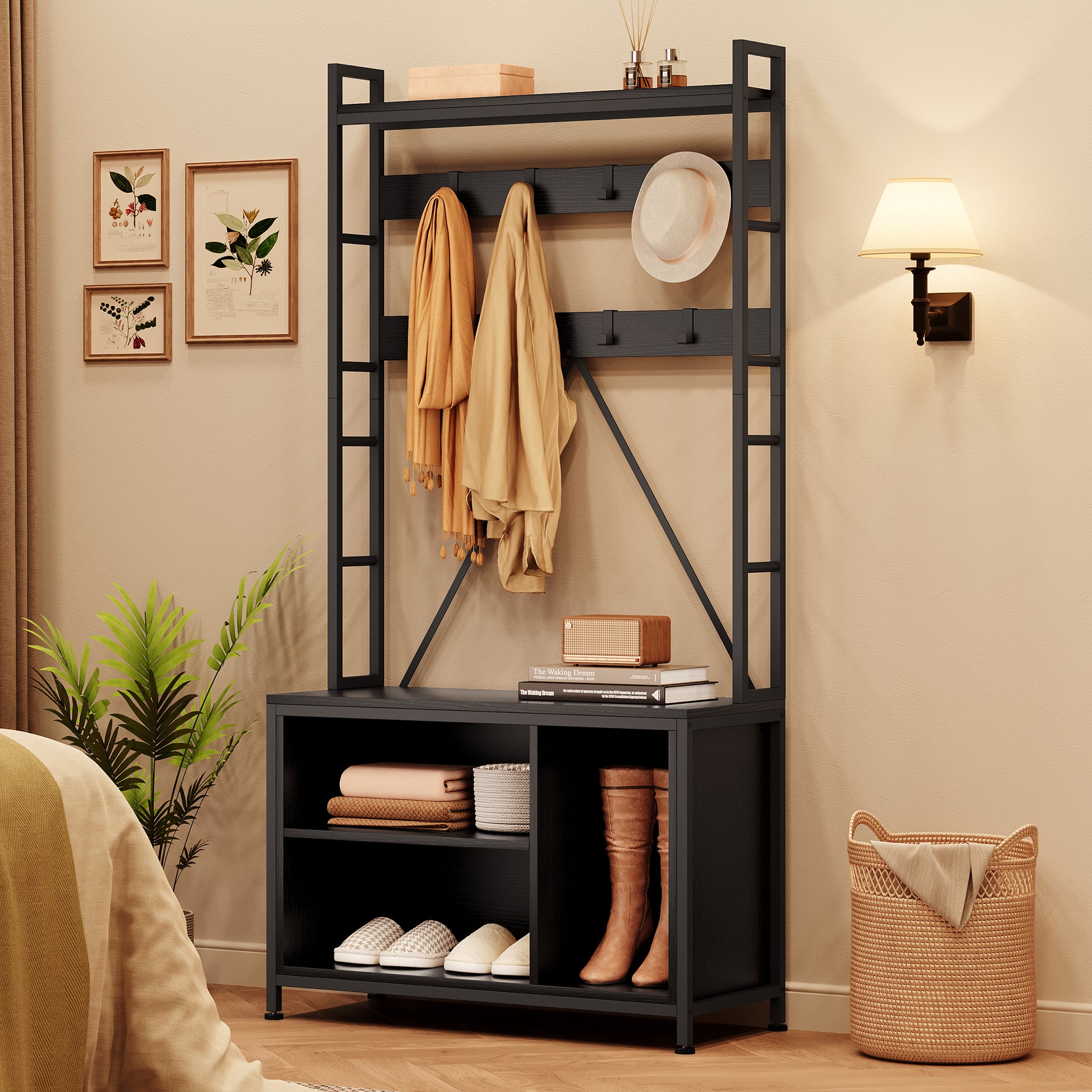 Garvee Coat Rack Shoe Bench Industrial Hall Tree Storage Bench with 3 Storage Cubbies and 8 Hooks Freestanding Entryway Coat Rack with Shoe Storage