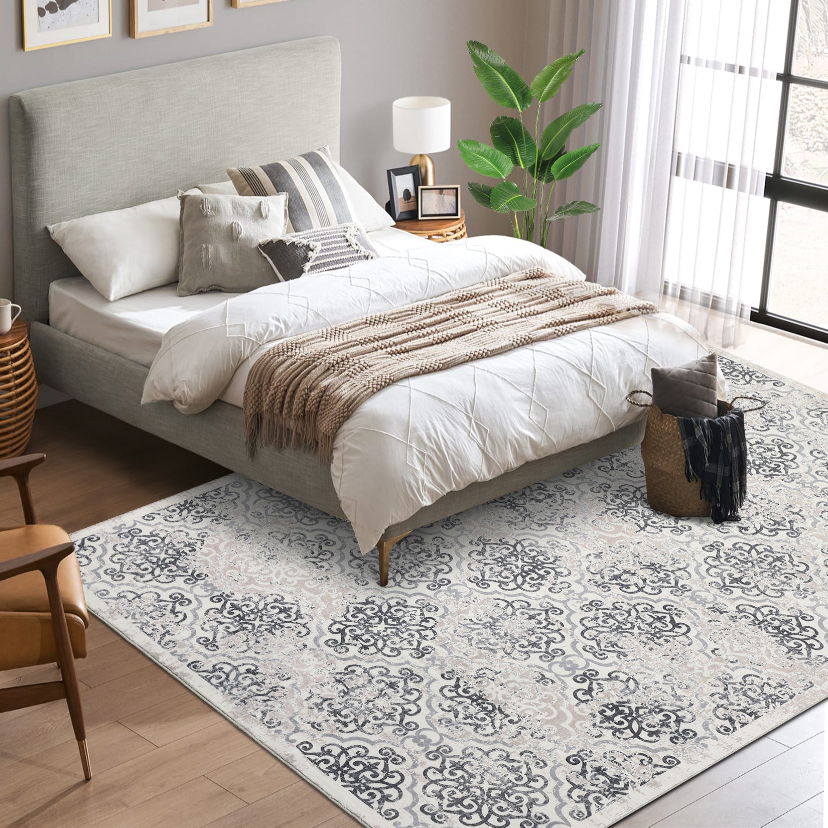 Garvee Large Throw Rugs for Living Room 10x13, Vintage Washable Rugs for Bedroom Non Slip Entryway Rugs, Moroccan Soft Rubber Backing Low Pile Printed Carpet for Bedside Kitchen, Grey