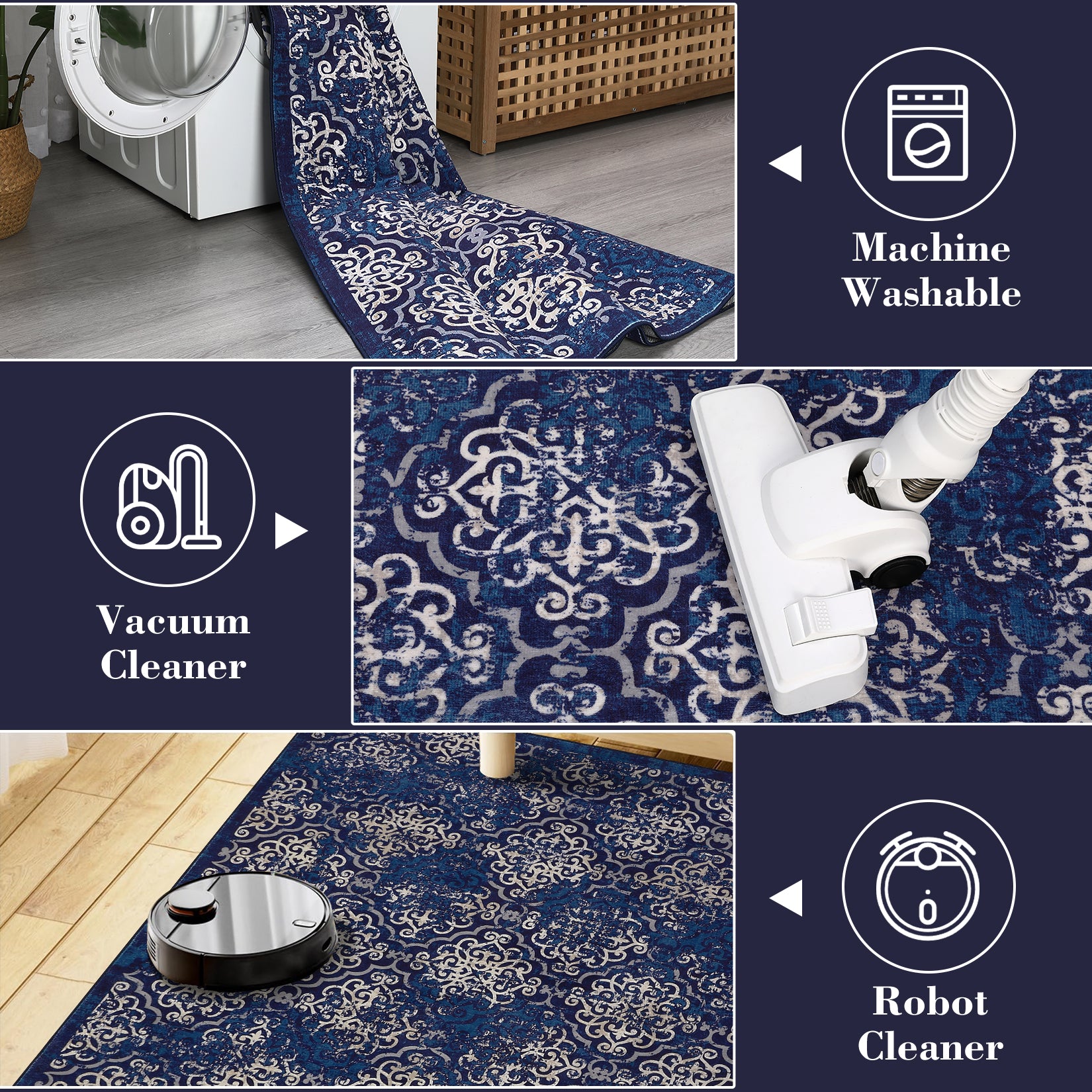 Garvee Large Throw Rugs for Living Room 10x13, Vintage Washable Rugs for Bedroom Non Slip Entryway Rugs, Moroccan Soft Rubber Backing Low Pile Printed Carpet for Bedside Kitchen, Blue